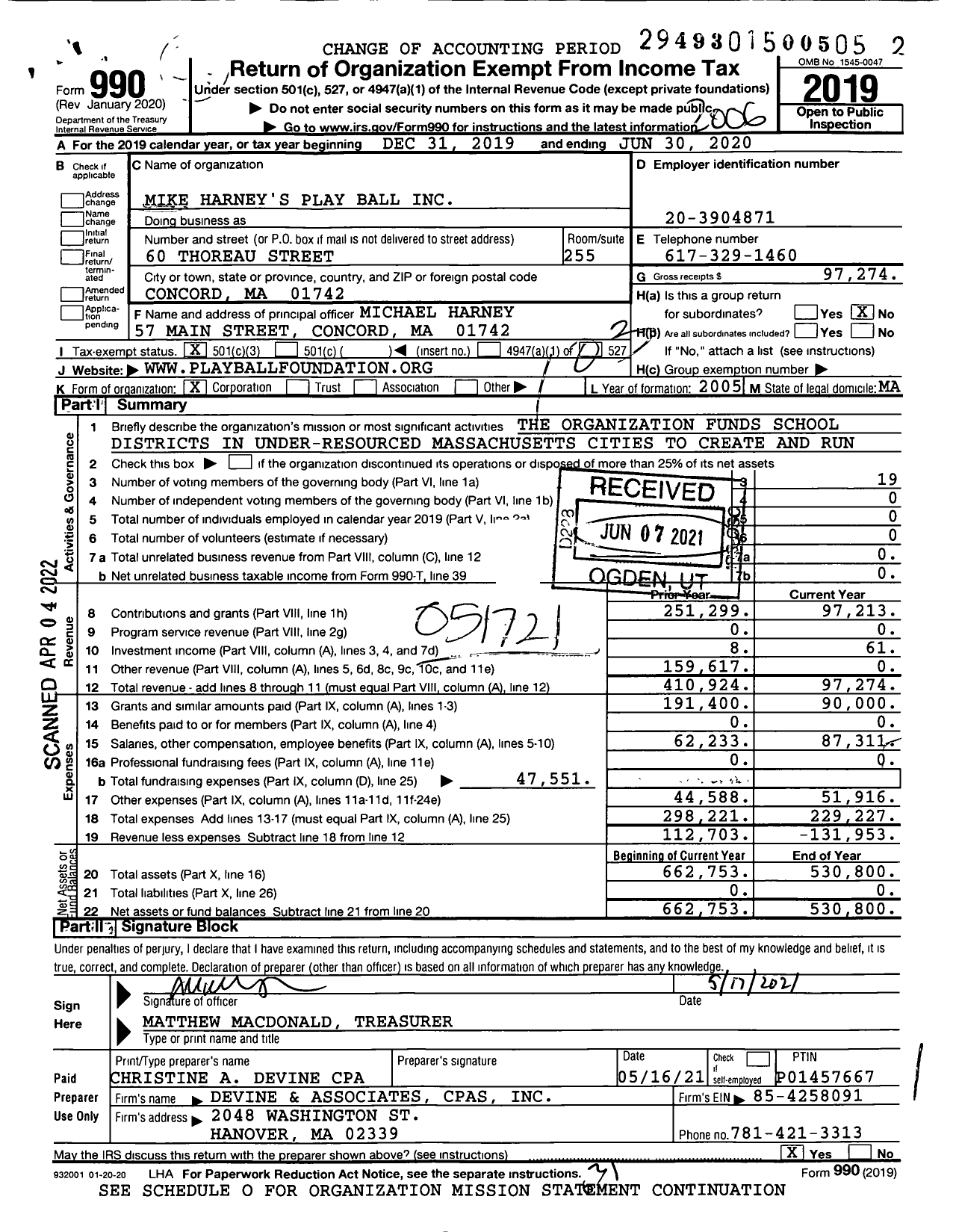 Image of first page of 2019 Form 990 for Play Ball Foundation