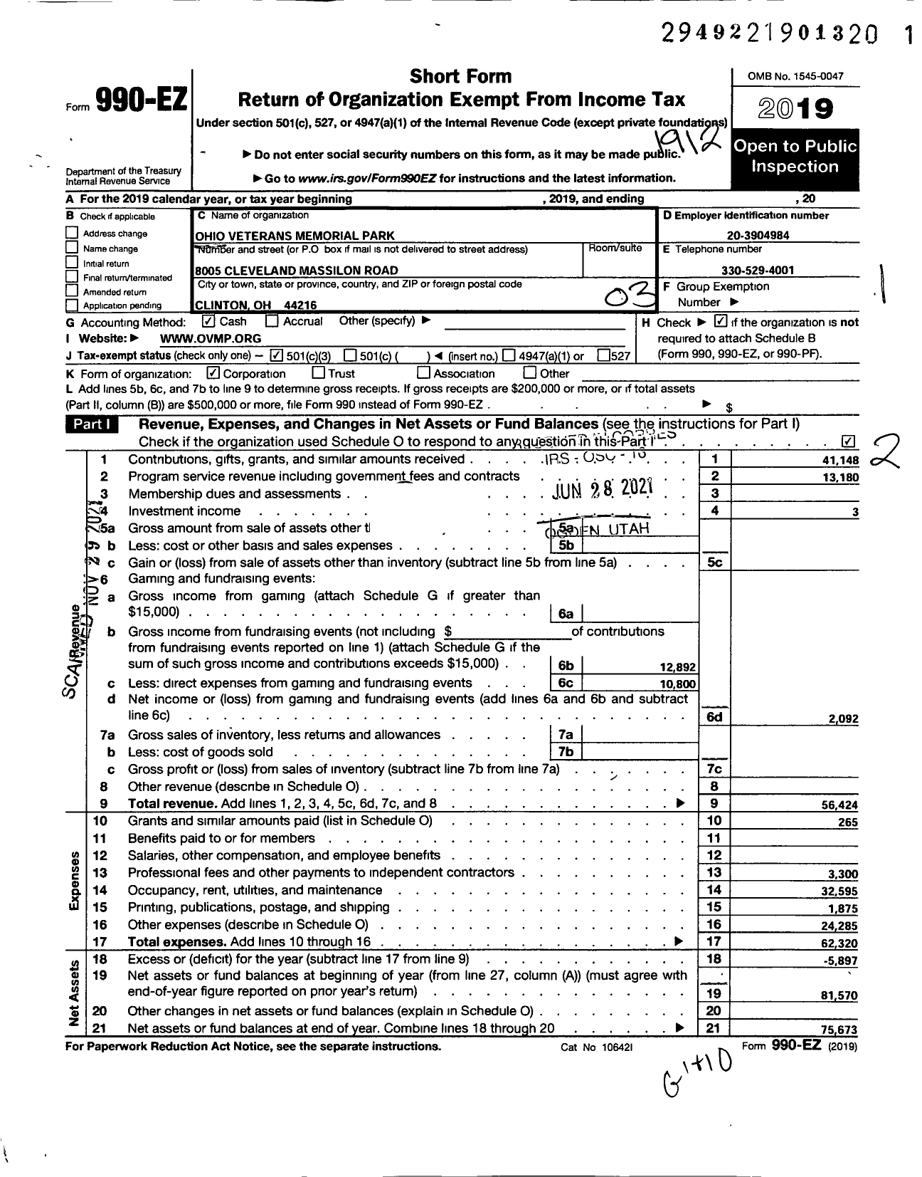 Image of first page of 2019 Form 990EZ for Ohio Veterans Memorial Park