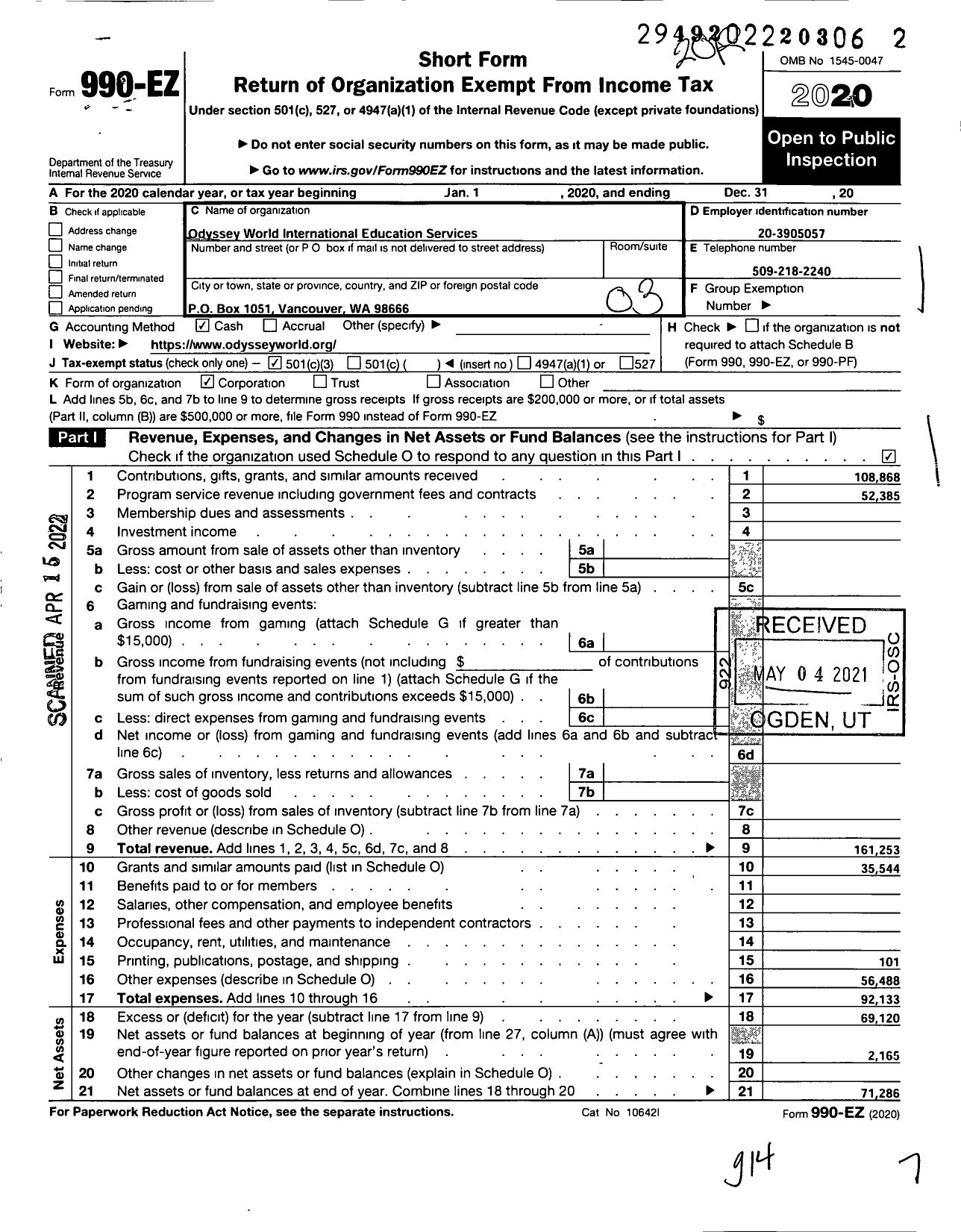 Image of first page of 2020 Form 990EZ for Odyssey World International Education Services