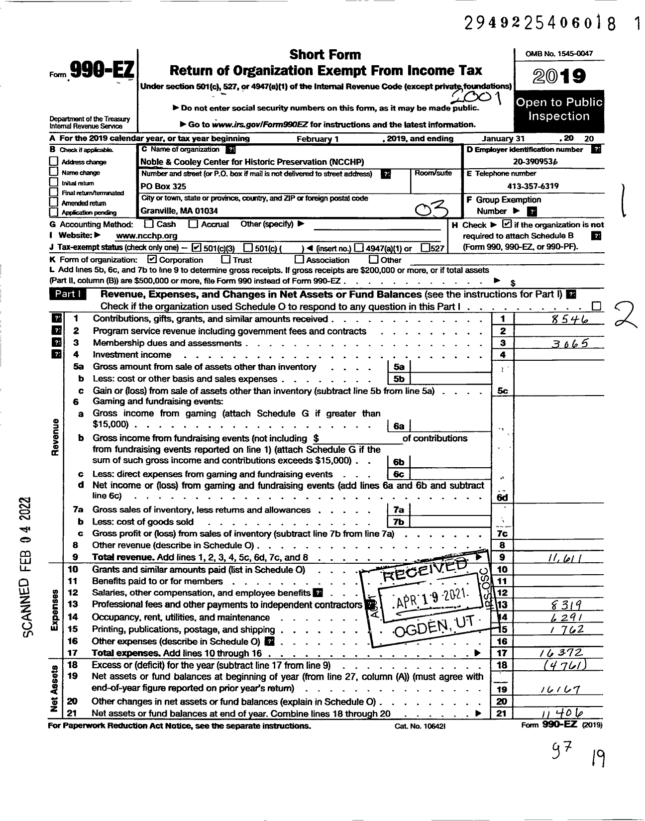 Image of first page of 2019 Form 990EZ for Noble and Cooley Center for Historic Preservation Corporation