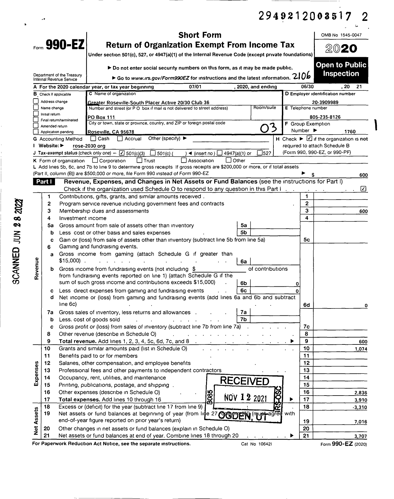 Image of first page of 2020 Form 990EZ for Greater Roseville-South Placer Active 20-30 Club