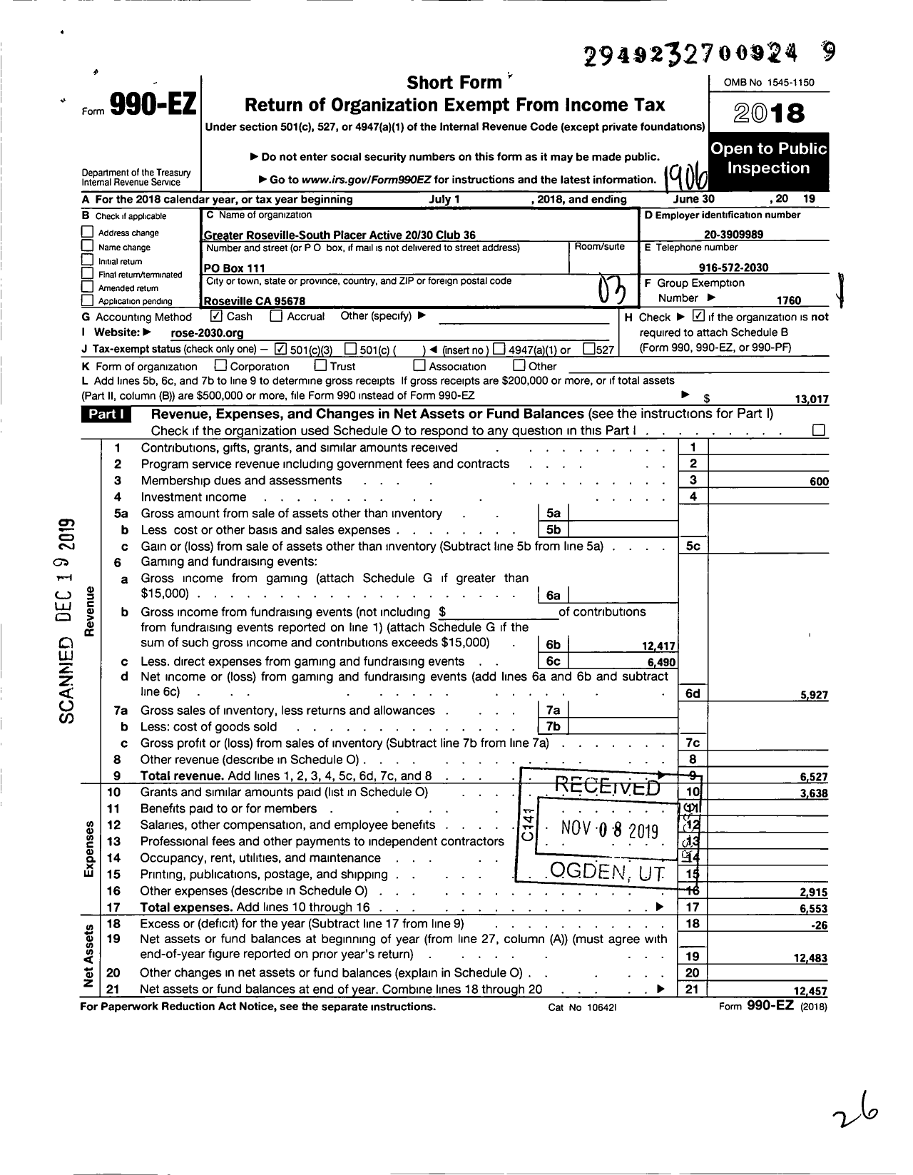 Image of first page of 2018 Form 990EZ for Greater Roseville-South Placer Active 20-30 Club