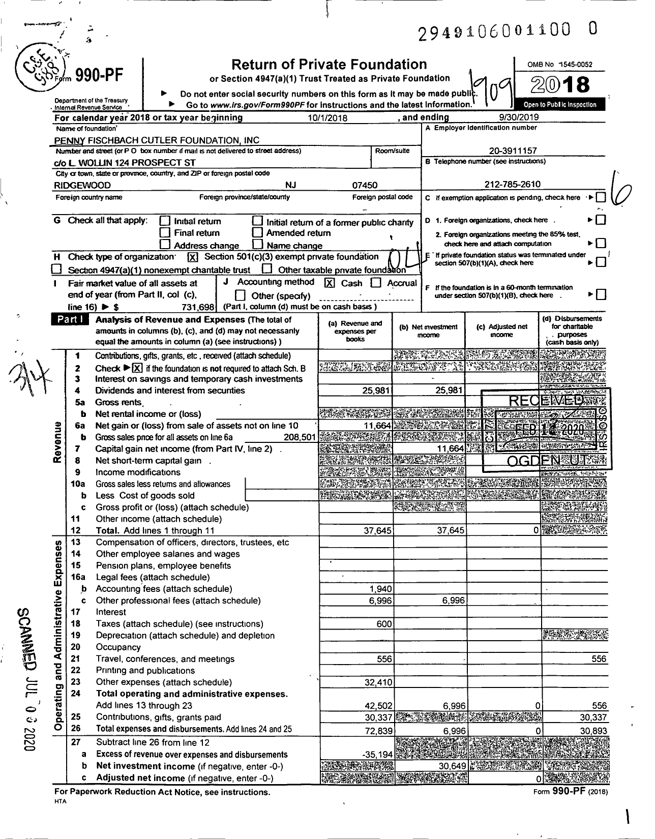 Image of first page of 2018 Form 990PR for Penny Fischbach Cutler Foundation