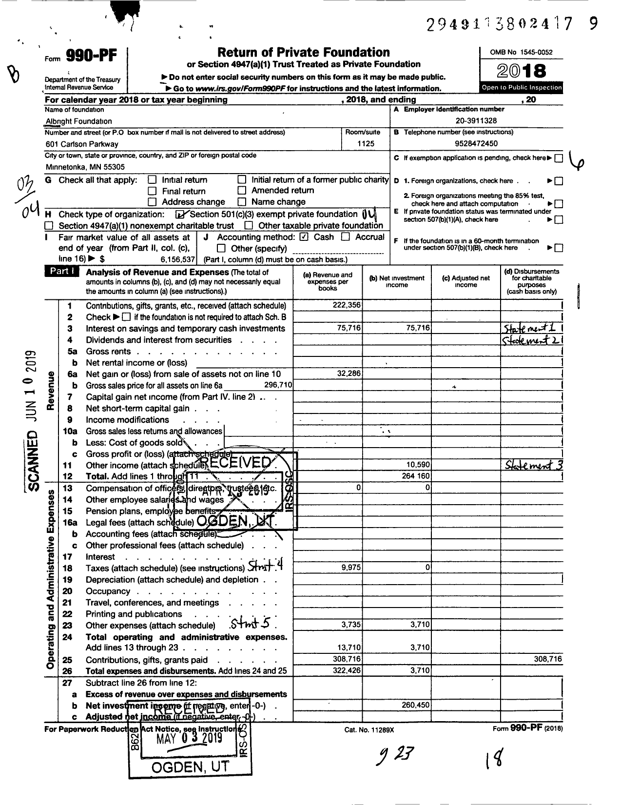 Image of first page of 2018 Form 990PF for Albright Foundation