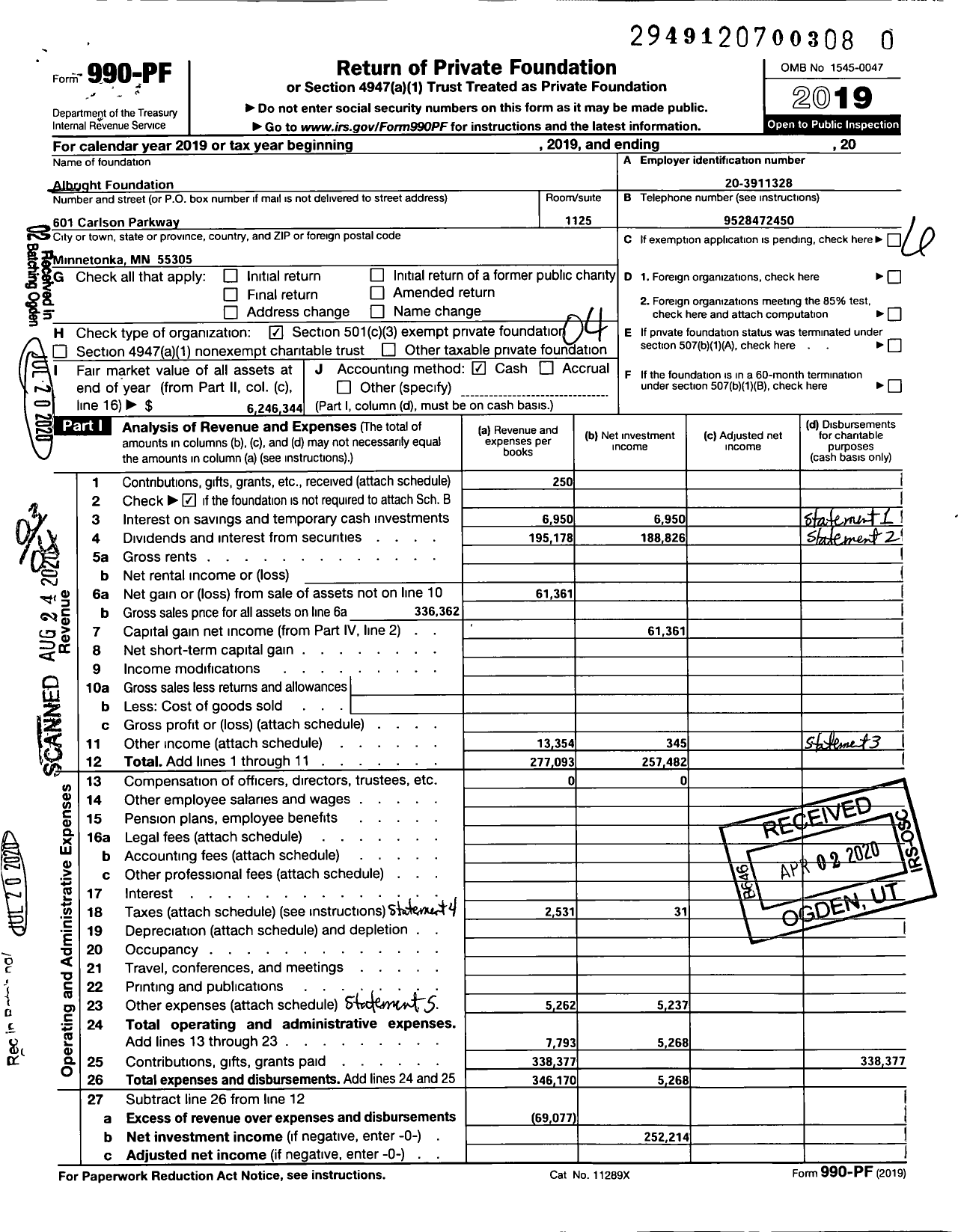 Image of first page of 2019 Form 990PR for Albright Foundation