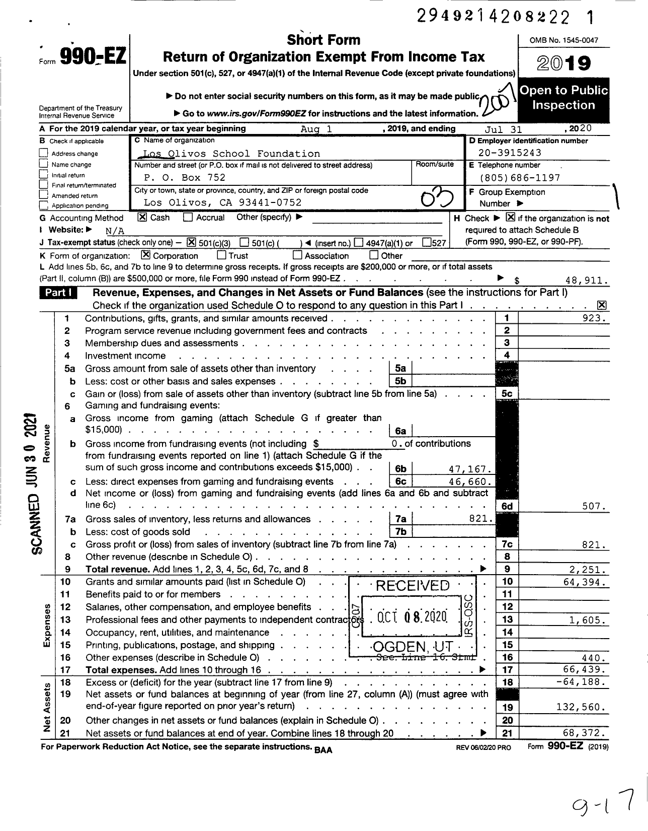 Image of first page of 2019 Form 990EZ for Los Olivos School Foundation