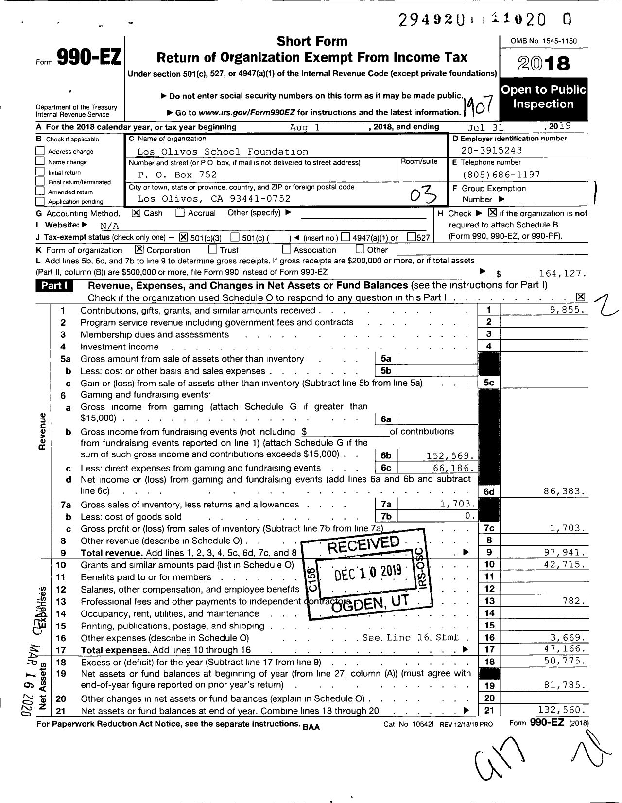 Image of first page of 2018 Form 990EZ for Los Olivos School Foundation