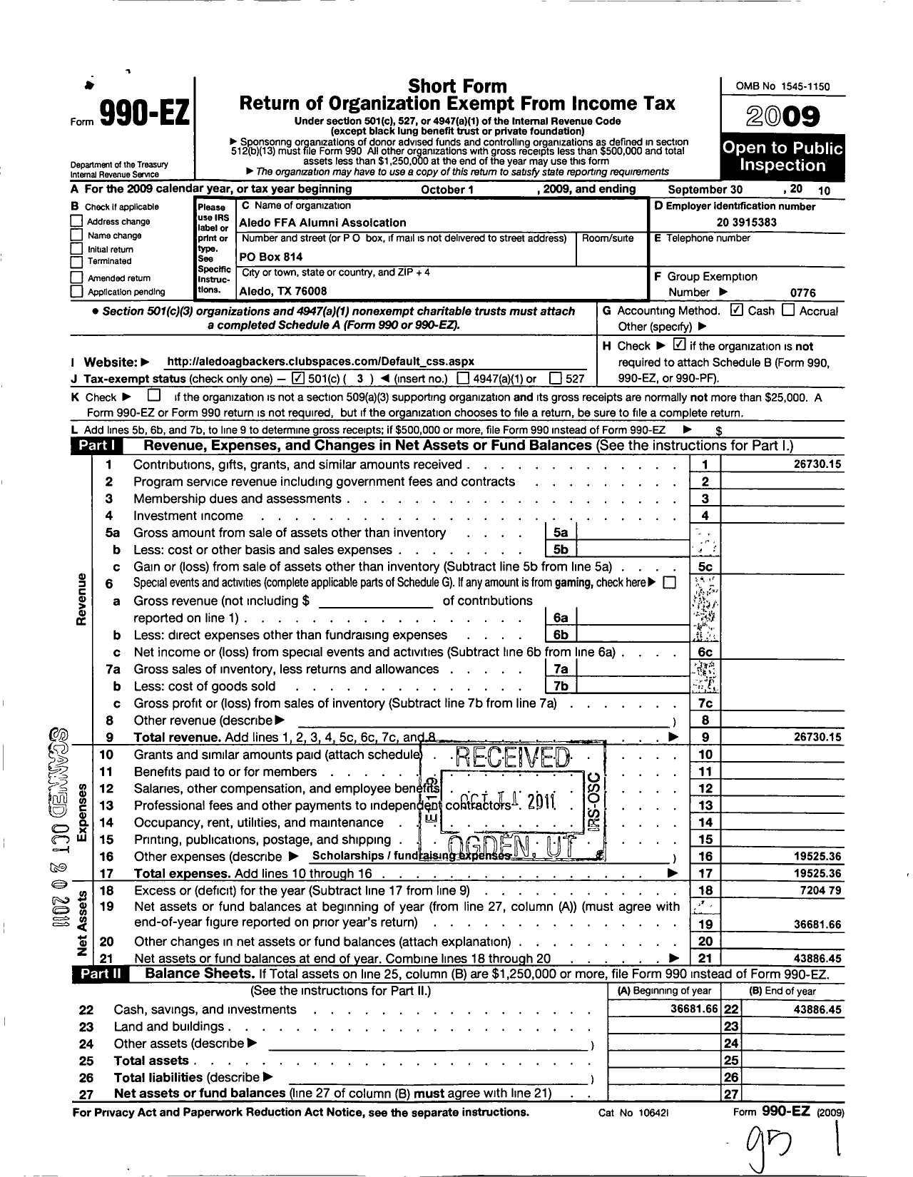 Image of first page of 2009 Form 990EZ for Future Farmers of America - Aledo Ffa Alumni Association