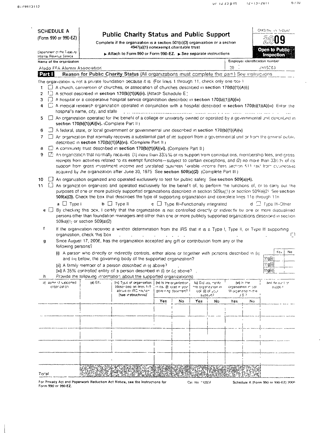 Image of first page of 2009 Form 990ER for Future Farmers of America - Aledo Ffa Alumni Association