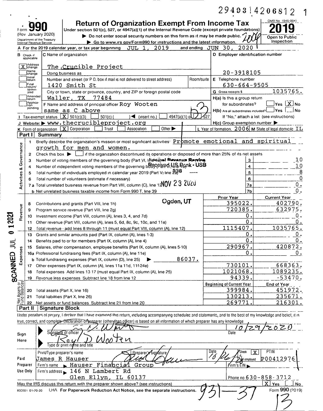 Image of first page of 2019 Form 990 for The Crucible Project