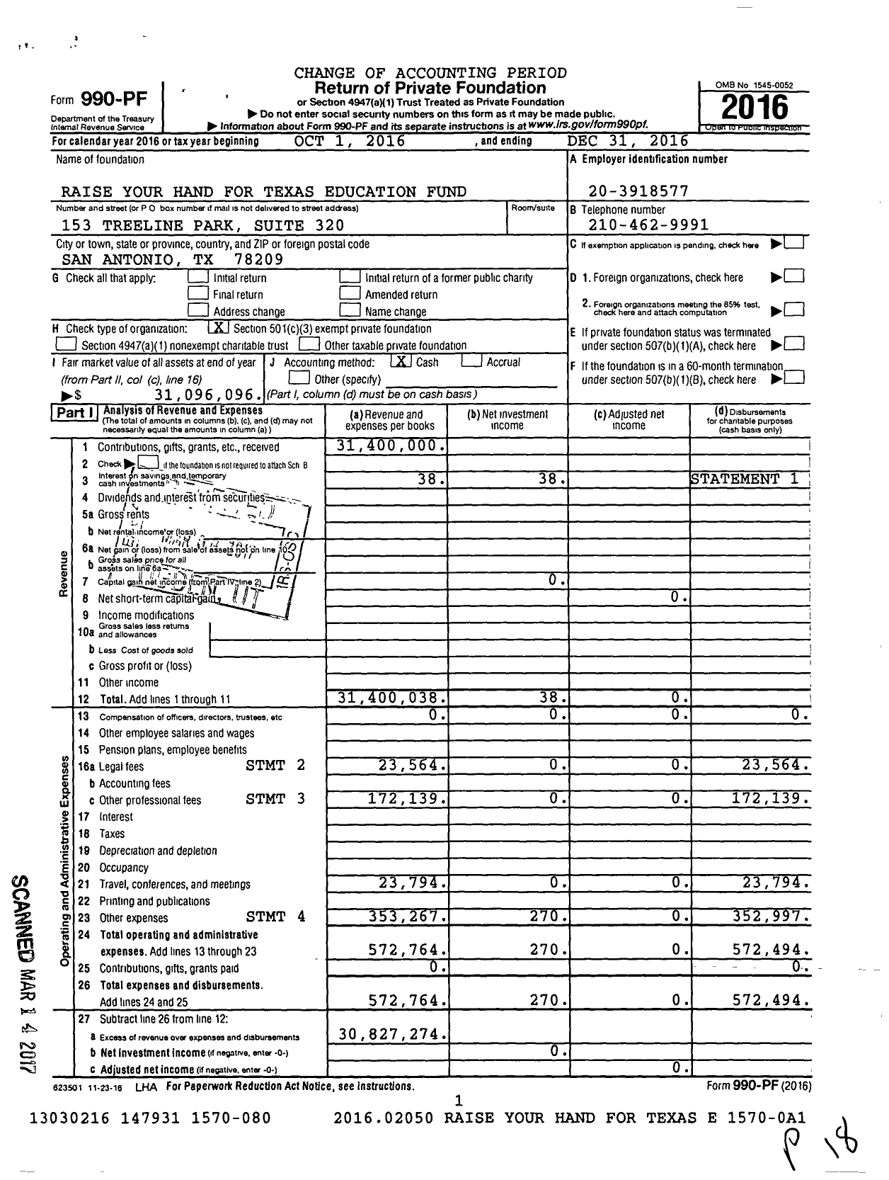 Image of first page of 2016 Form 990PF for Raise Your Hand for Texas Education Fund