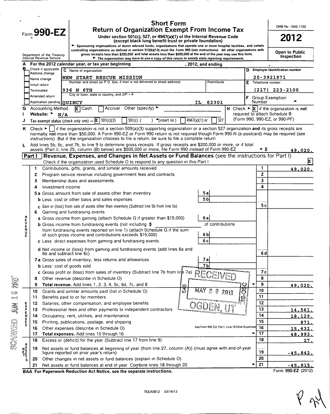 Image of first page of 2012 Form 990EZ for New Start Rescue Mission