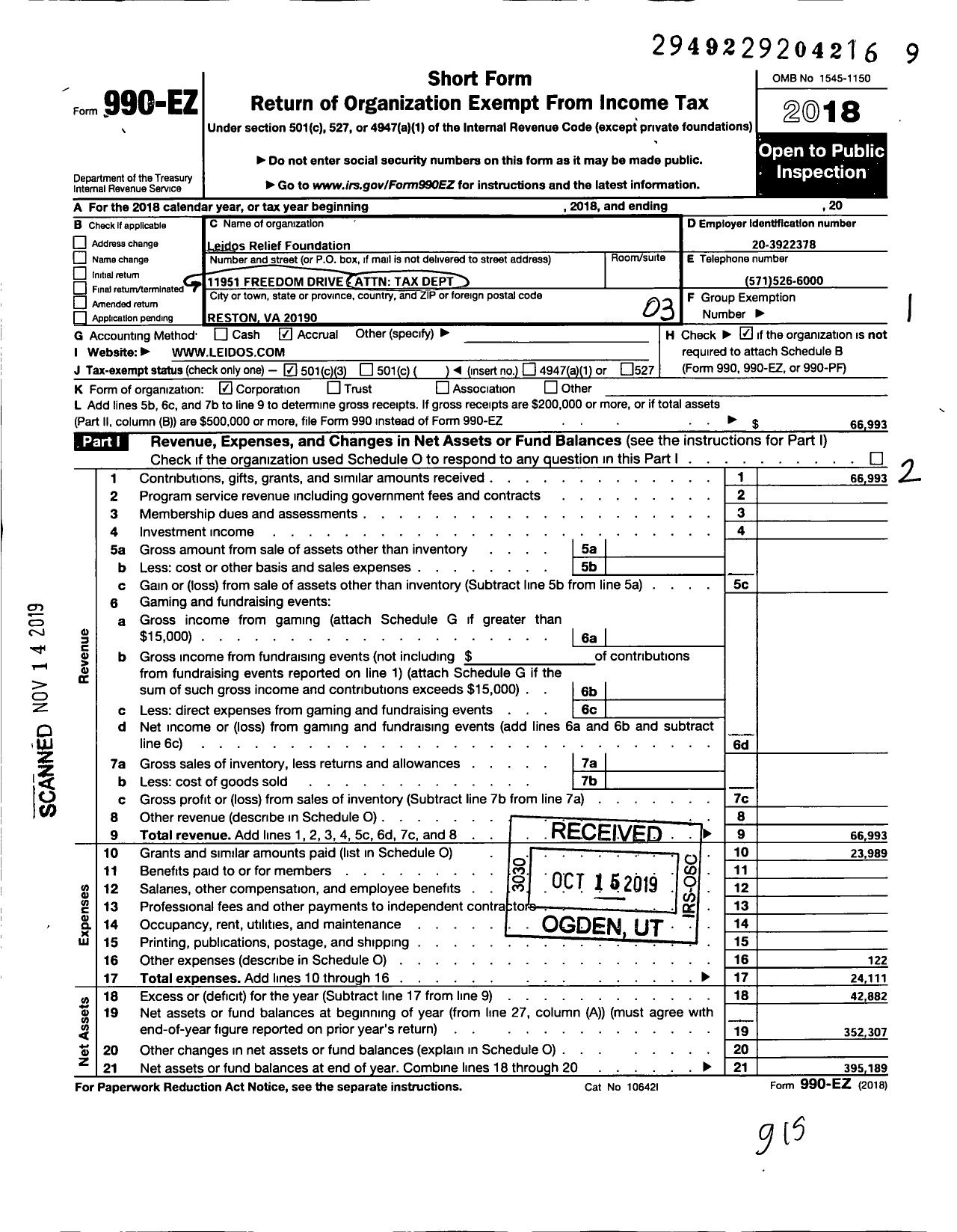 Image of first page of 2018 Form 990EZ for Leidos Relief Foundation