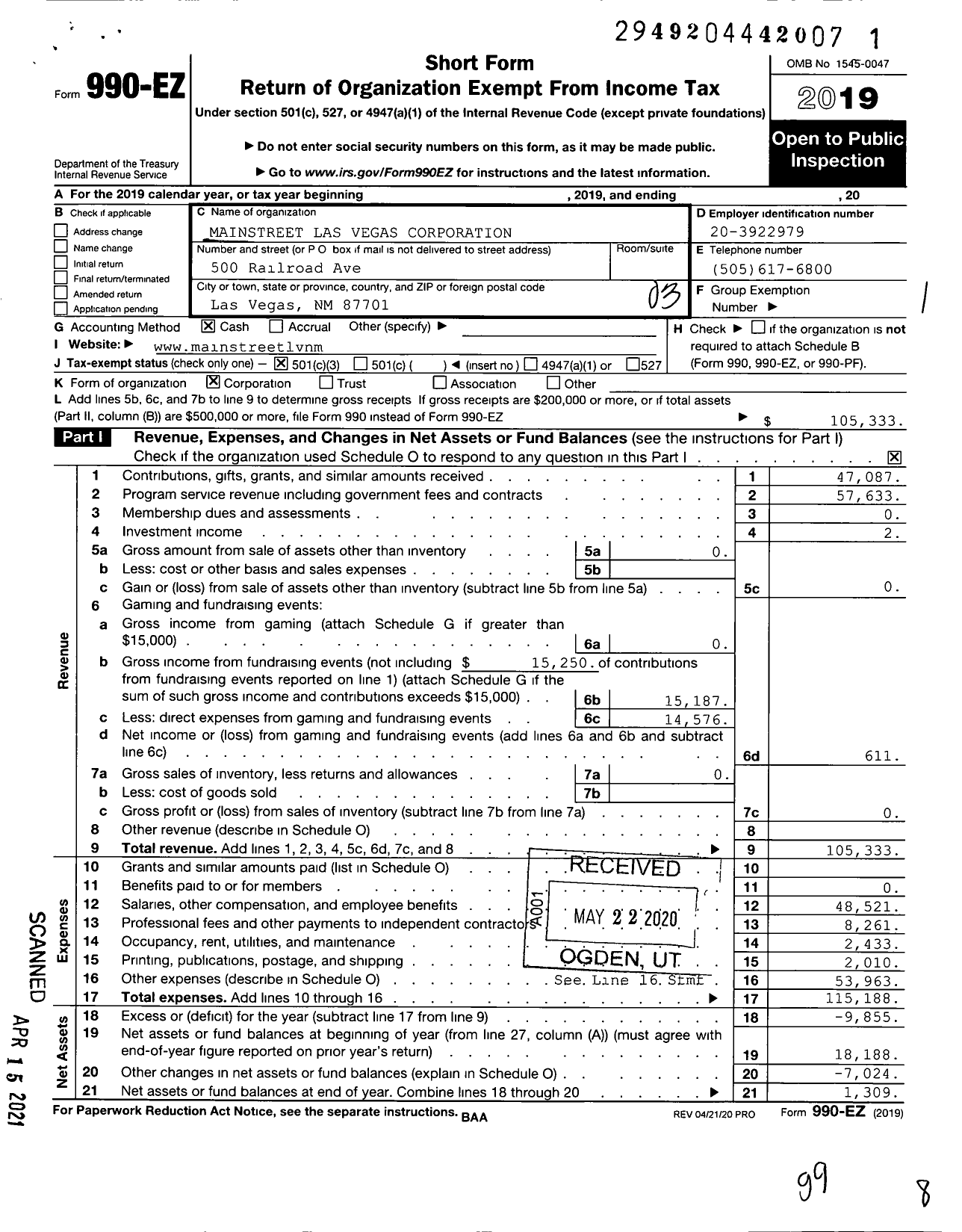 Image of first page of 2019 Form 990EZ for Mainstreet de Las Vegas