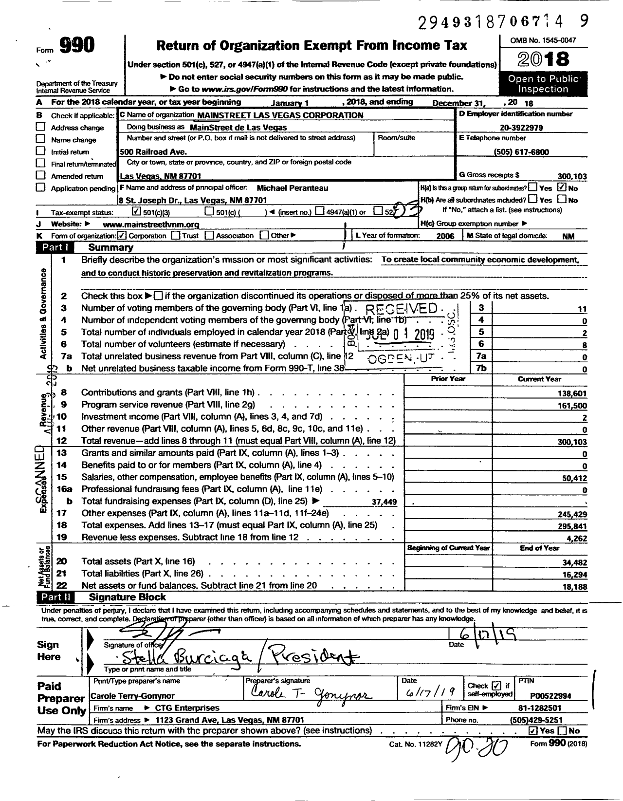 Image of first page of 2018 Form 990 for Mainstreet de Las Vegas