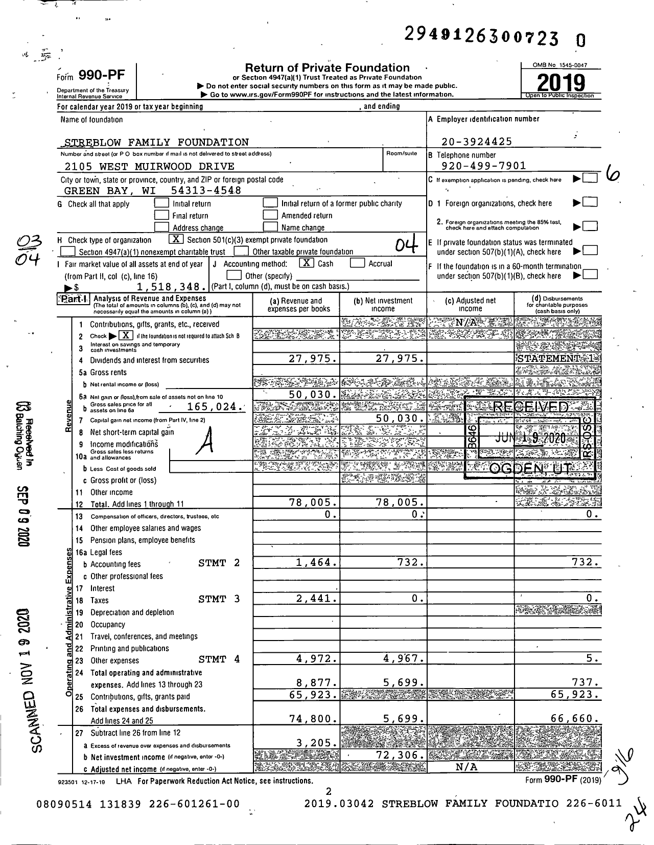 Image of first page of 2019 Form 990PF for Streblow Family Foundation