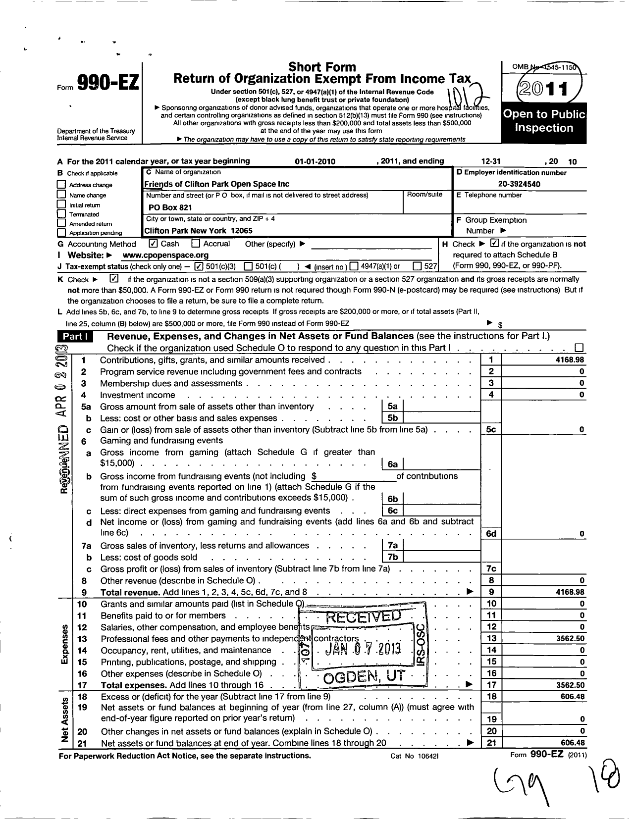 Image of first page of 2010 Form 990EZ for Friends of Clifton Park Open Space