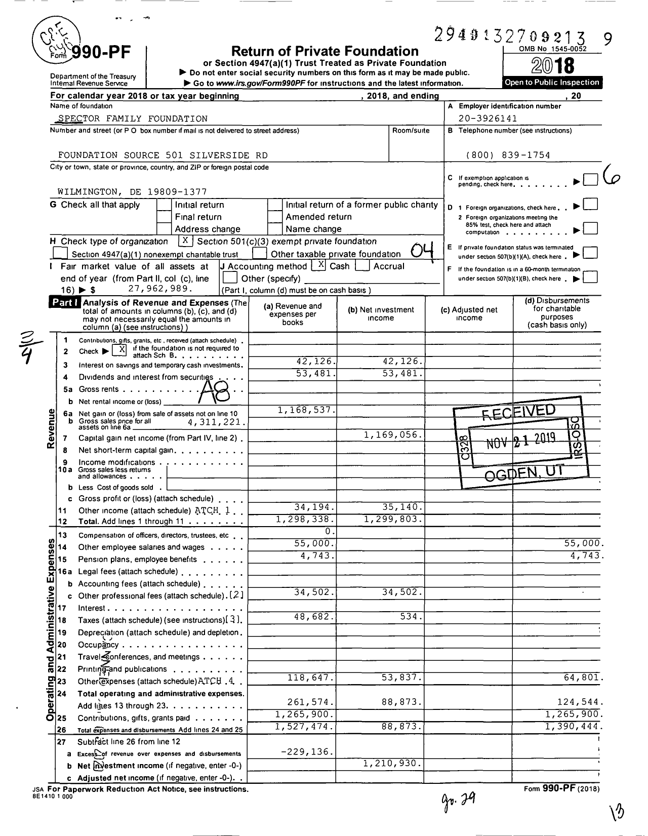 Image of first page of 2018 Form 990PF for Spector Family Foundation