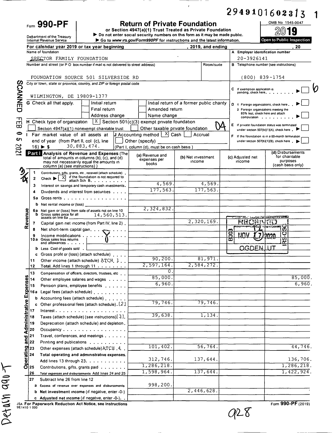 Image of first page of 2019 Form 990PF for Spector Family Foundation