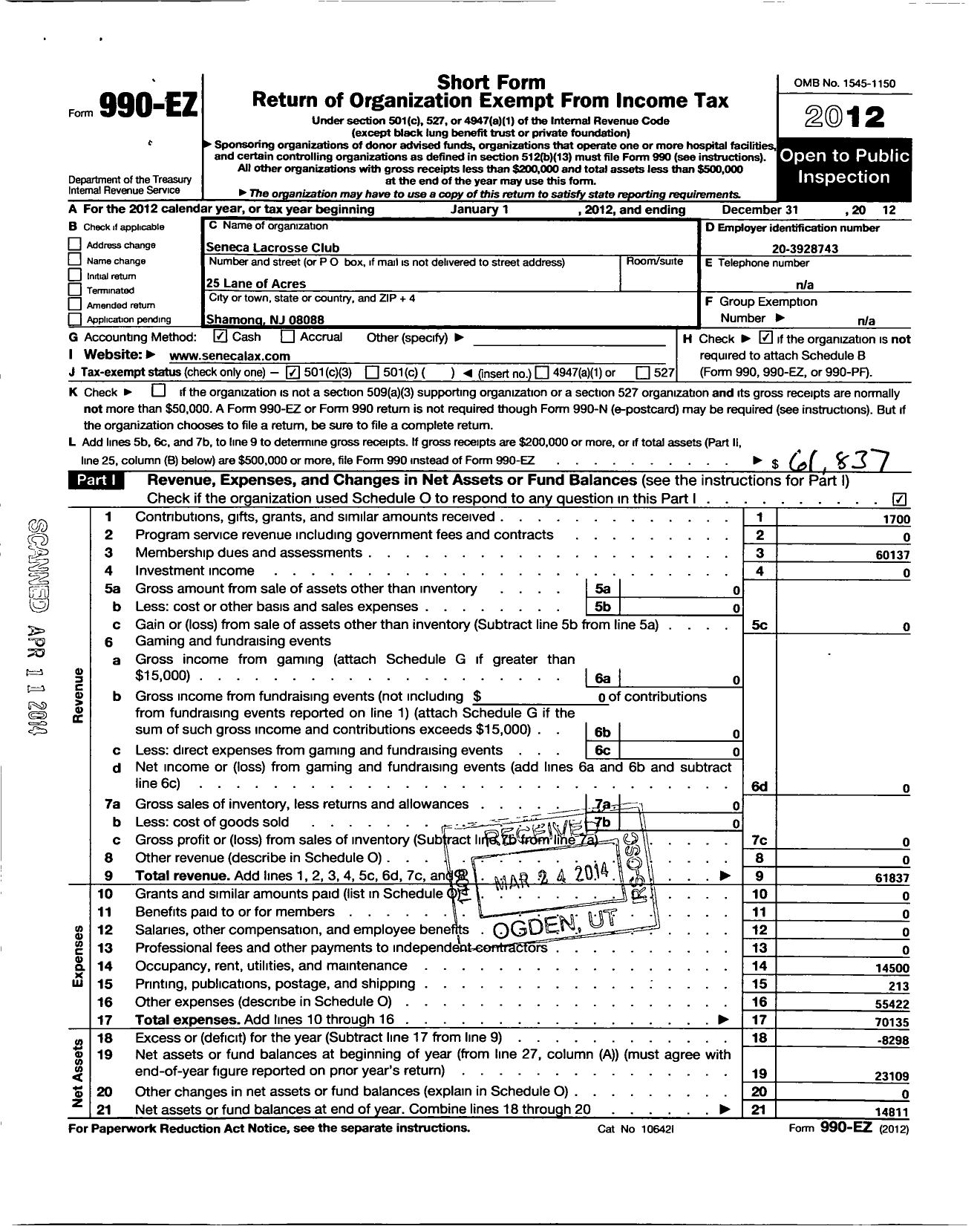 Image of first page of 2012 Form 990EZ for Seneca Girls Lacrosse