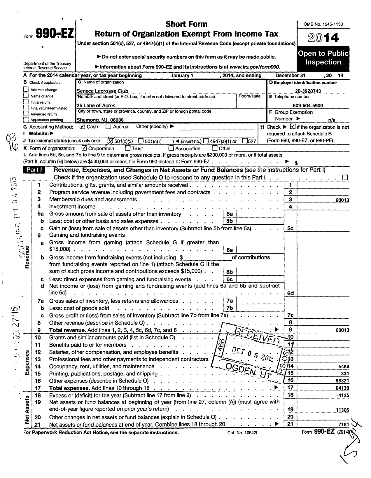 Image of first page of 2014 Form 990EZ for Seneca Girls Lacrosse