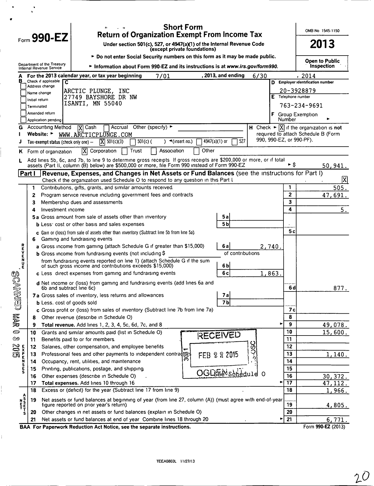 Image of first page of 2013 Form 990EZ for Arctic Plunge