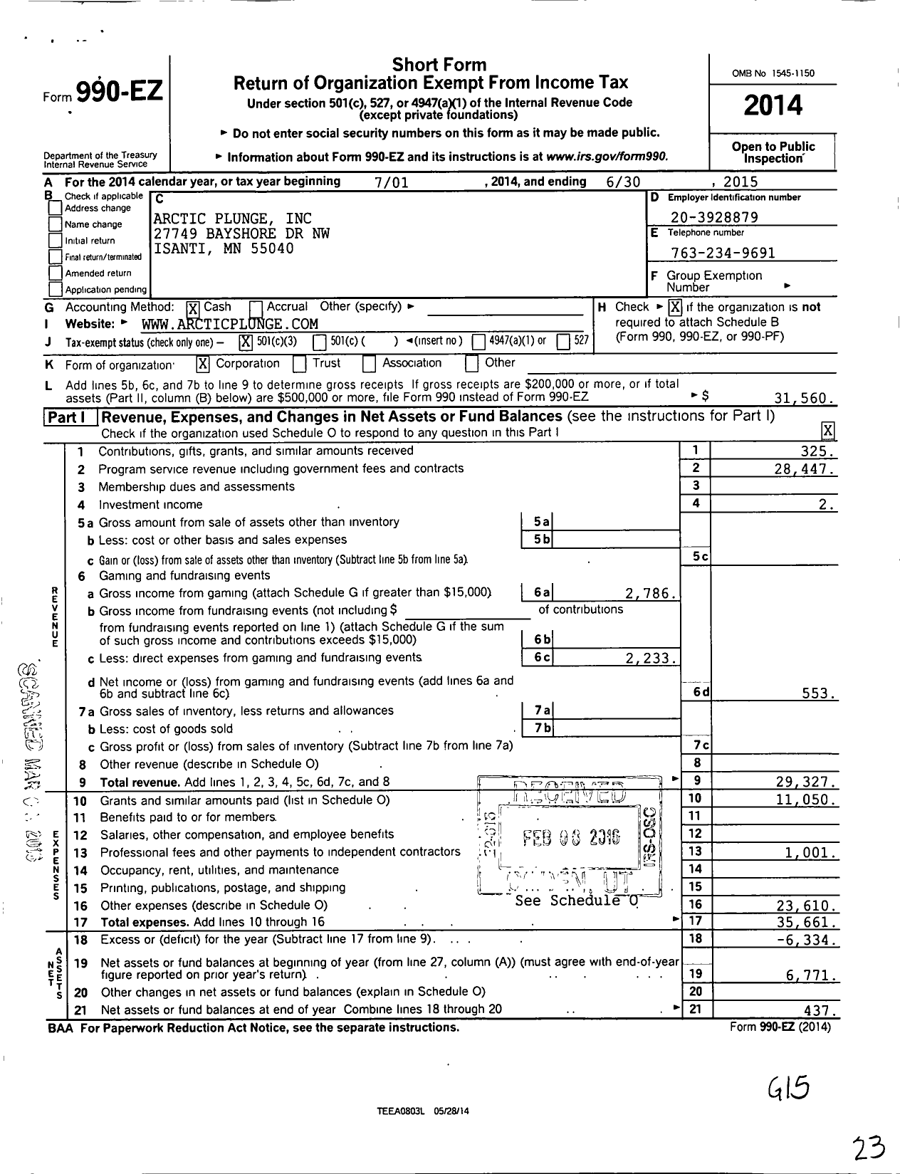 Image of first page of 2014 Form 990EZ for Arctic Plunge