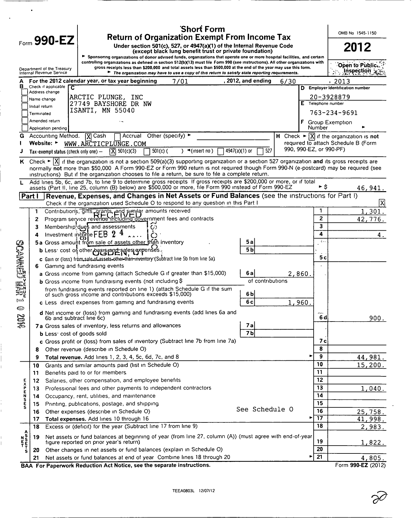 Image of first page of 2012 Form 990EZ for Arctic Plunge