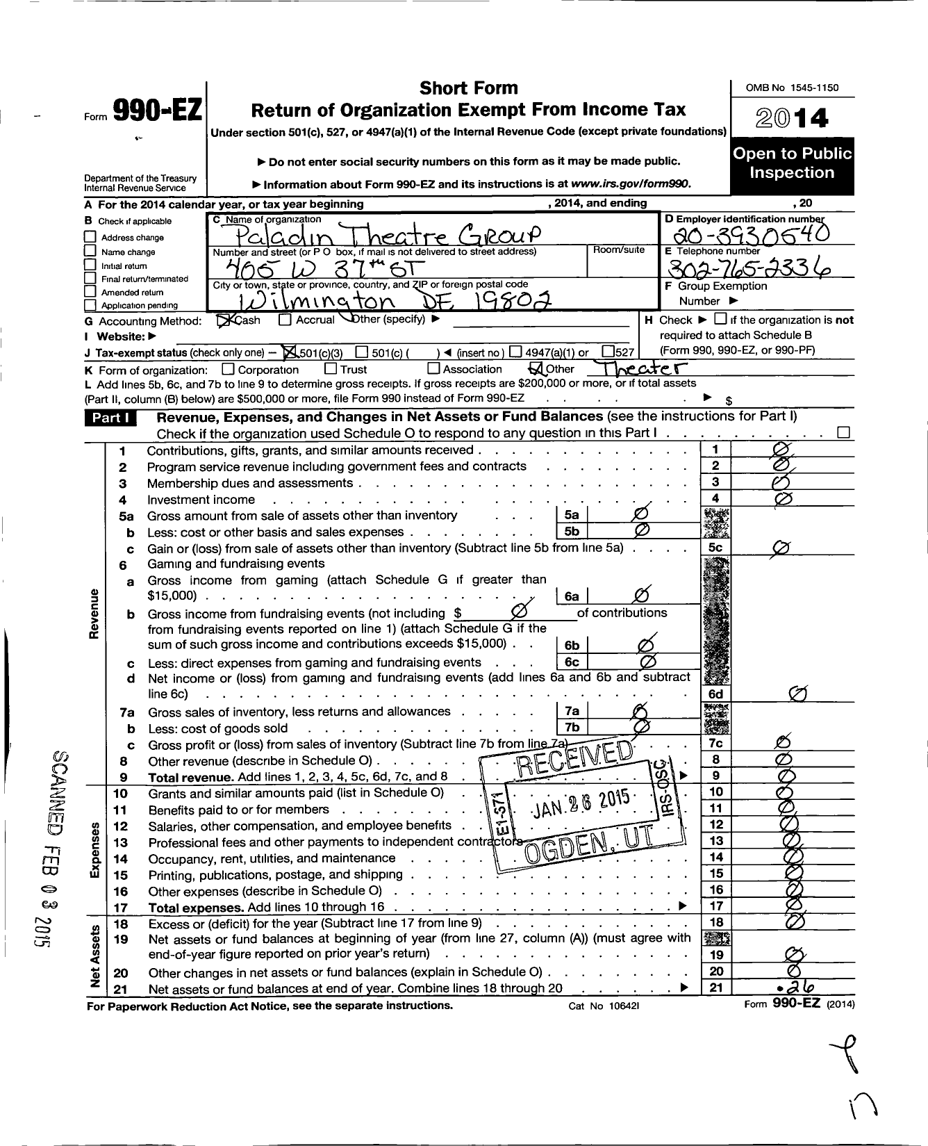 Image of first page of 2014 Form 990EZ for Paladin Theatre Group