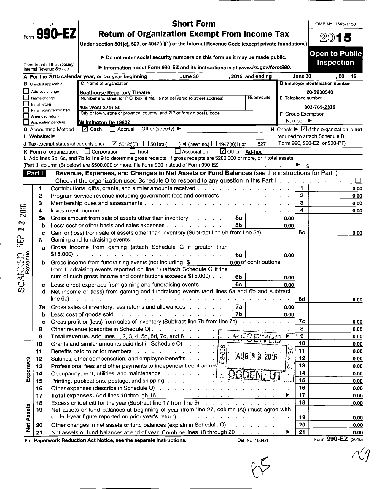 Image of first page of 2015 Form 990EZ for Paladin Theatre Group