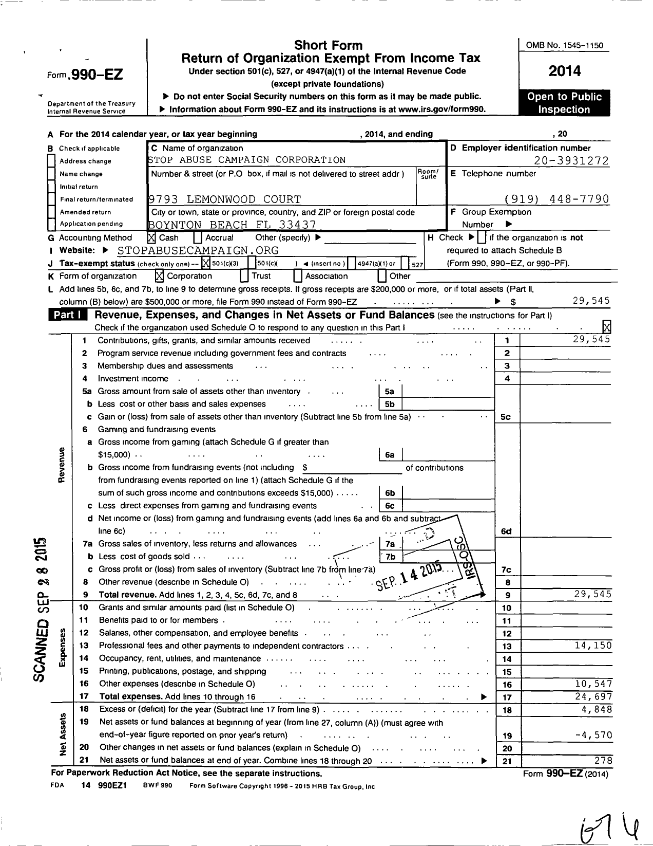 Image of first page of 2014 Form 990EZ for Stop Abuse Campaign Corporation