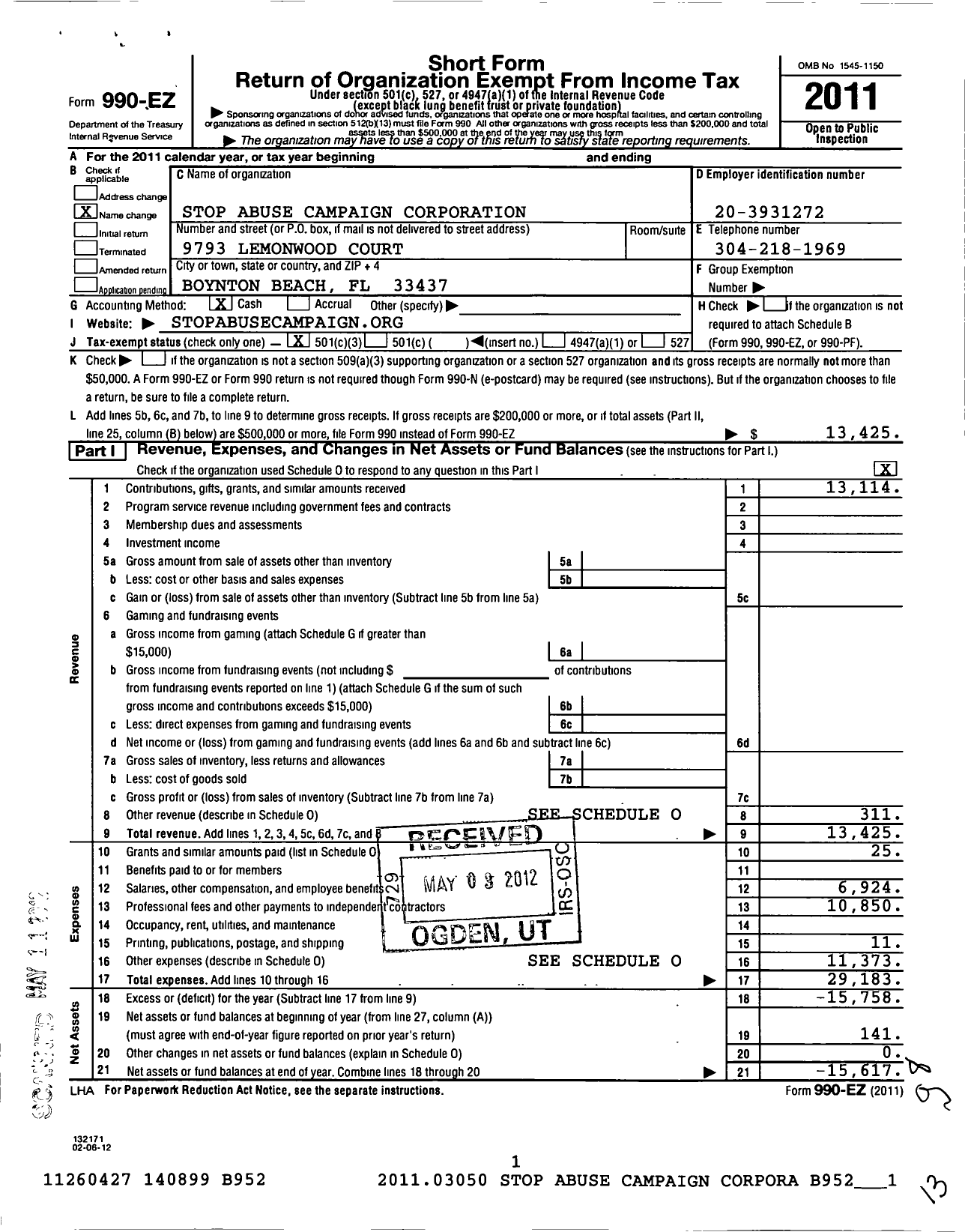 Image of first page of 2011 Form 990EZ for Stop Abuse Campaign Corporation