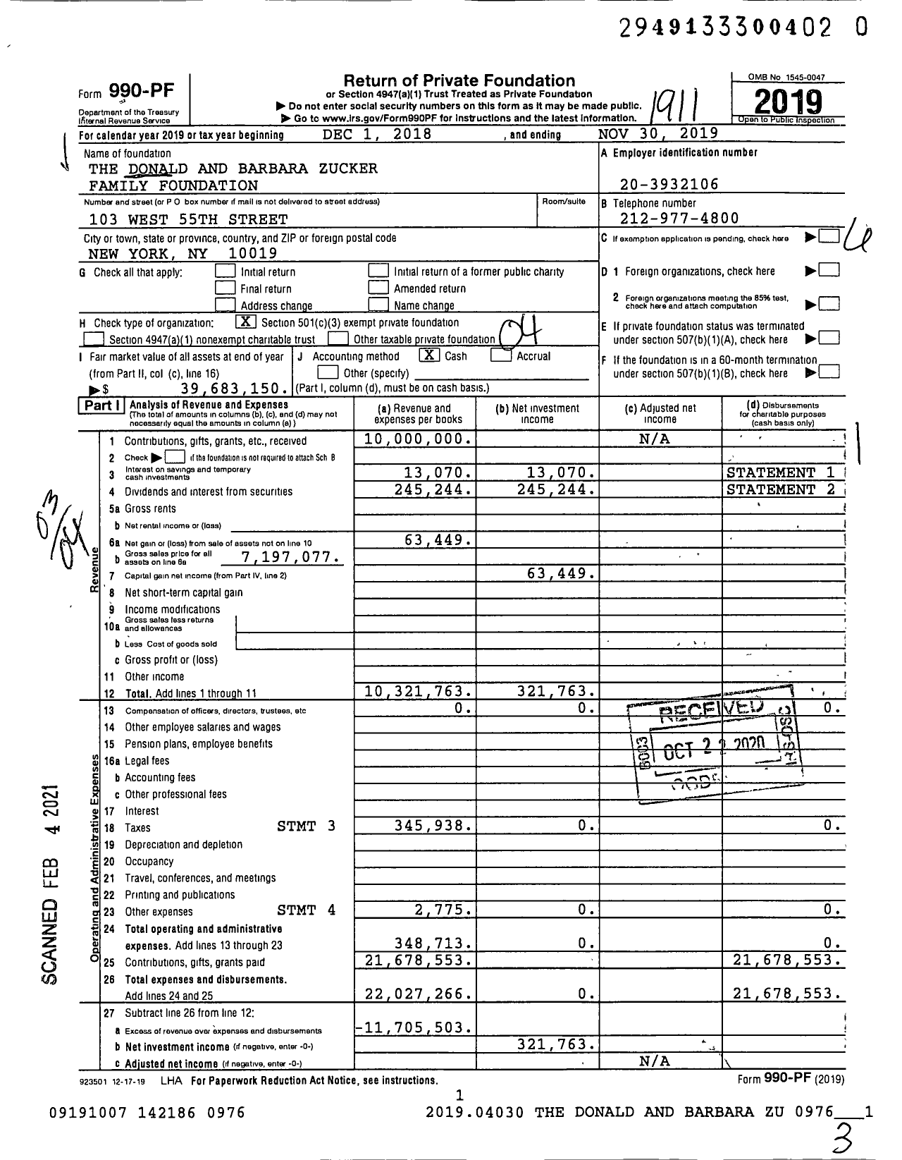Image of first page of 2018 Form 990PF for Donald and Barbara Zucker Family Foundation