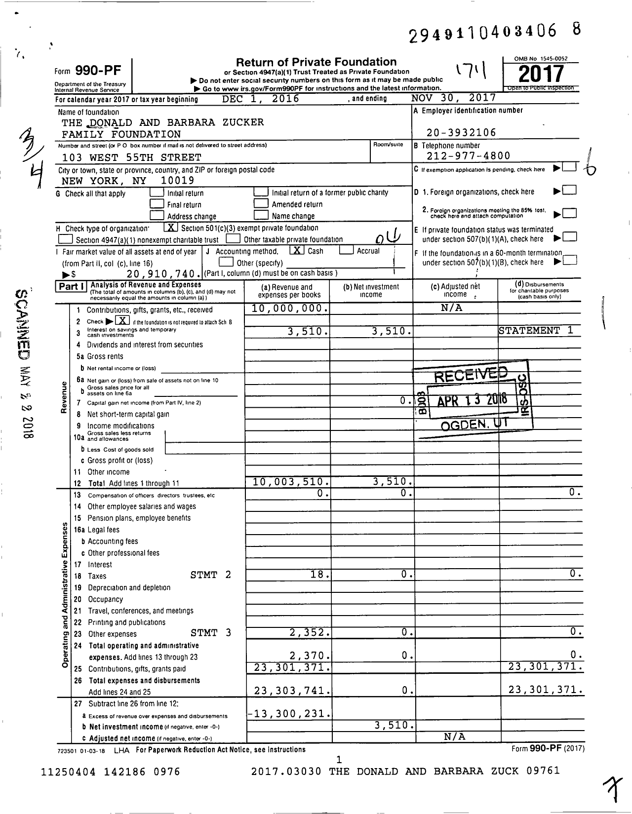 Image of first page of 2016 Form 990PF for Donald and Barbara Zucker Family Foundation