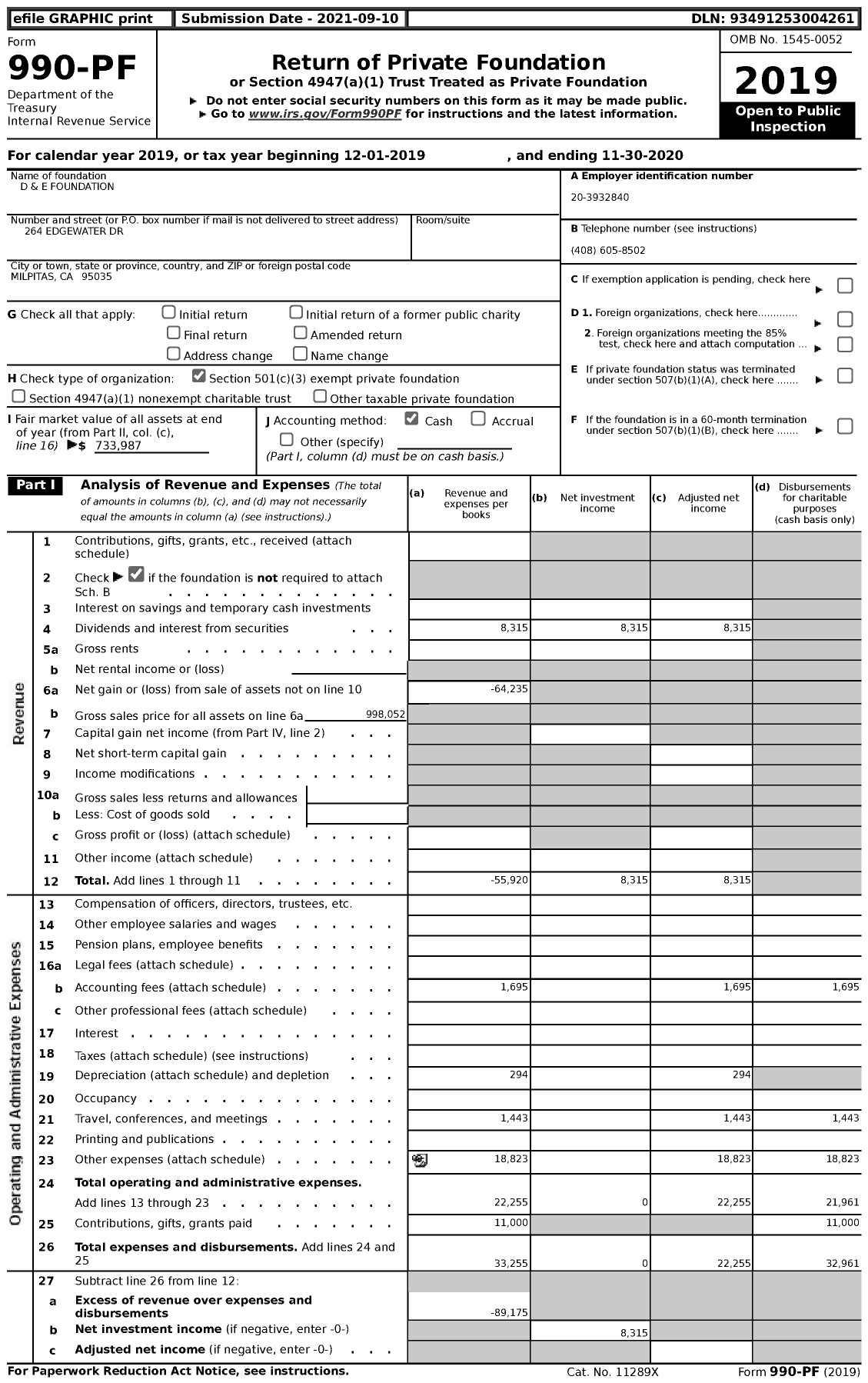 Image of first page of 2019 Form 990PF for D and E Foundation