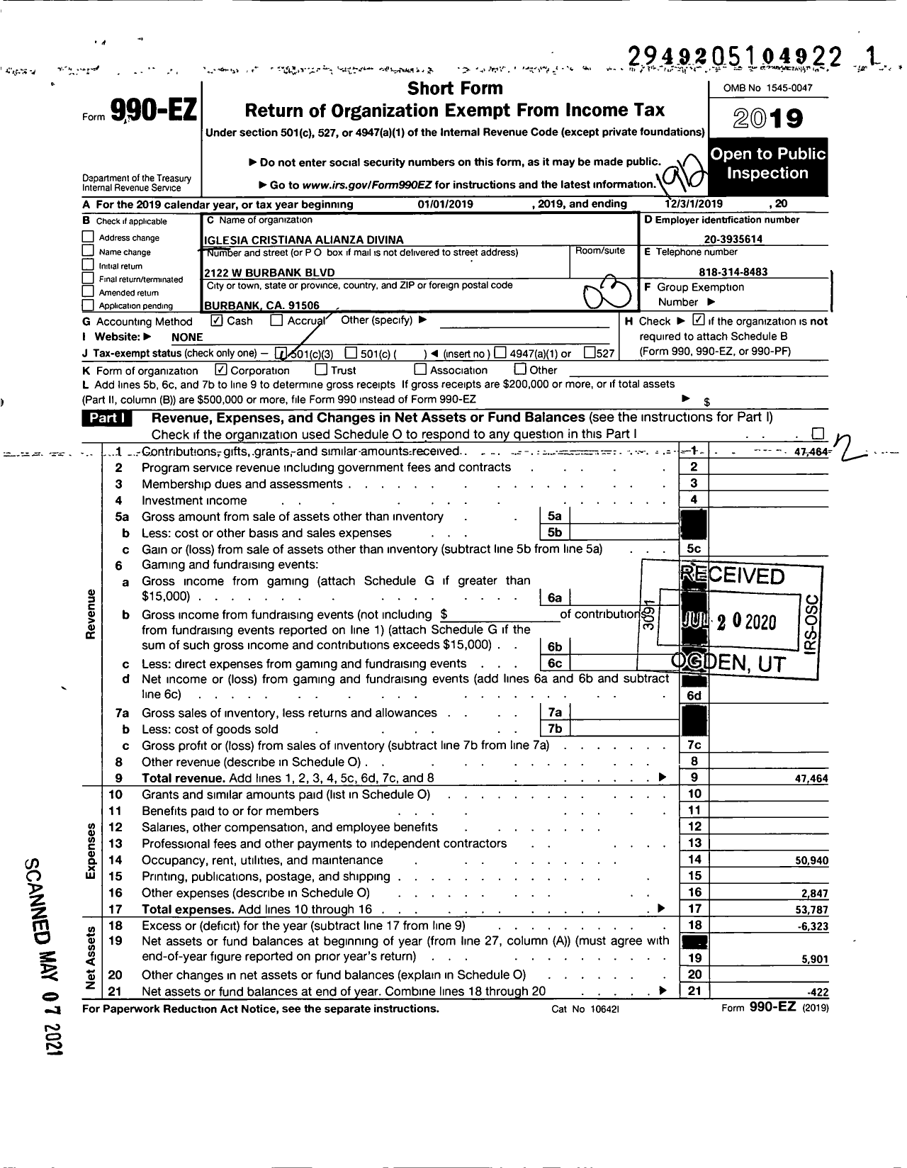 Image of first page of 2019 Form 990EZ for Iglesia Cristiana Alianza Divina