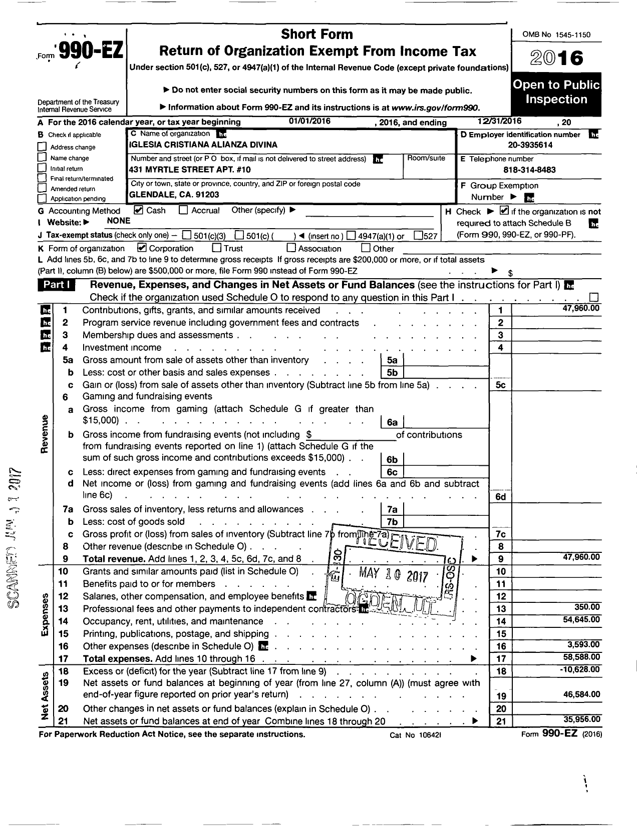 Image of first page of 2016 Form 990EO for Iglesia Cristiana Alianza Divina