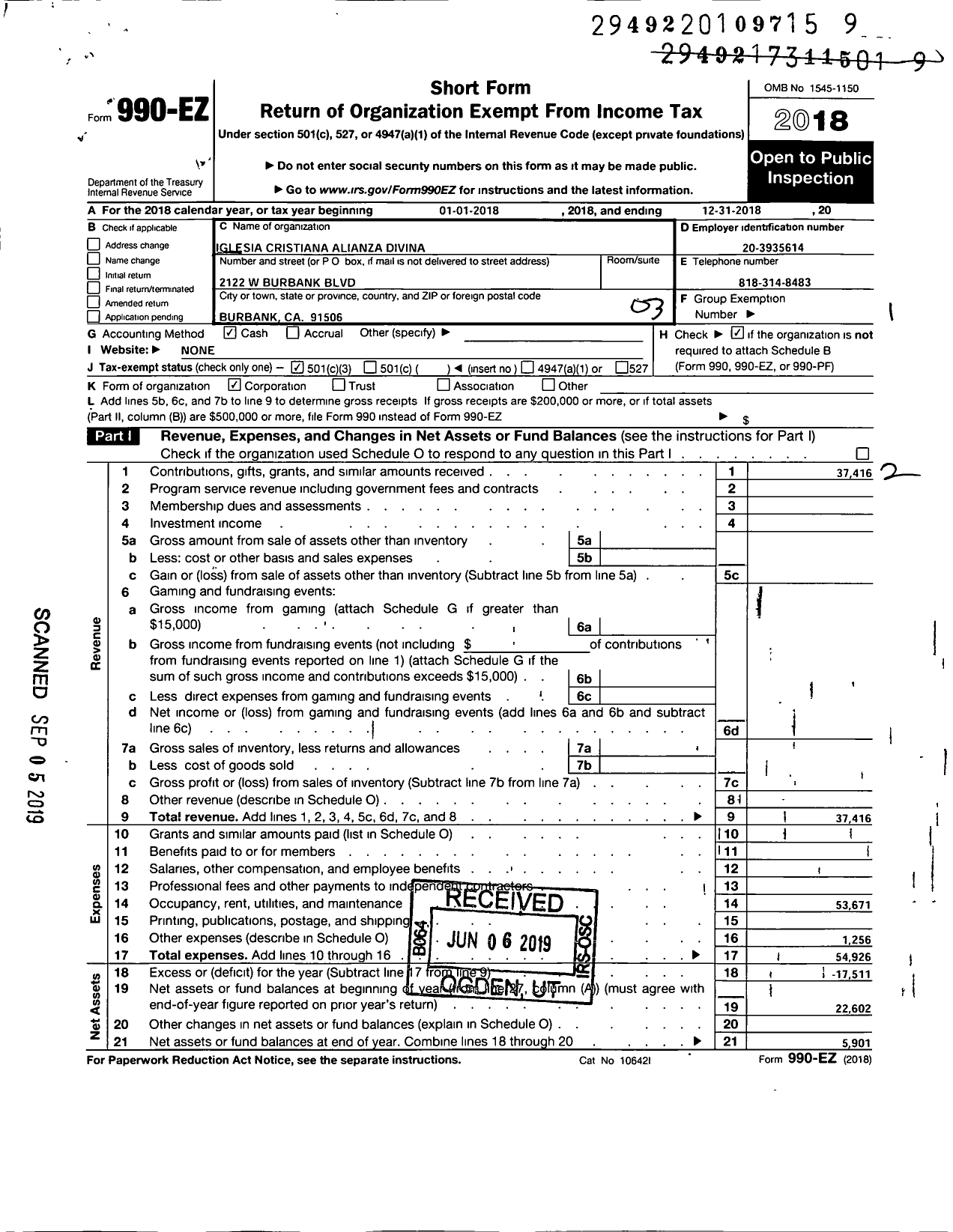 Image of first page of 2018 Form 990EZ for Iglesia Cristiana Alianza Divina