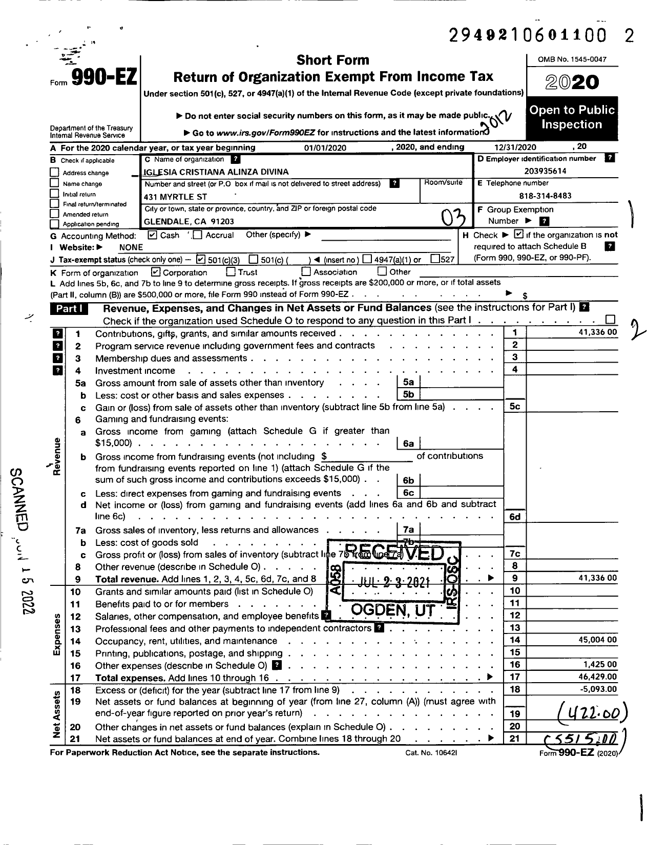 Image of first page of 2020 Form 990EZ for Iglesia Cristiana Alianza Divina