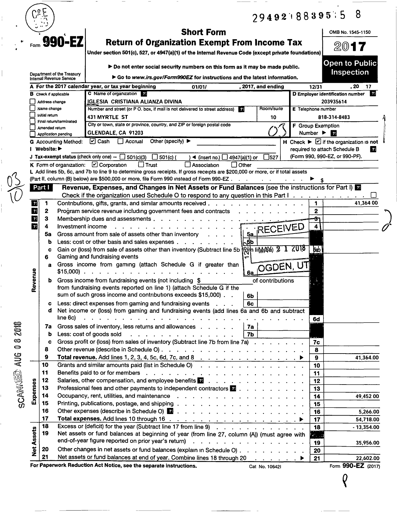 Image of first page of 2017 Form 990EZ for Iglesia Cristiana Alianza Divina