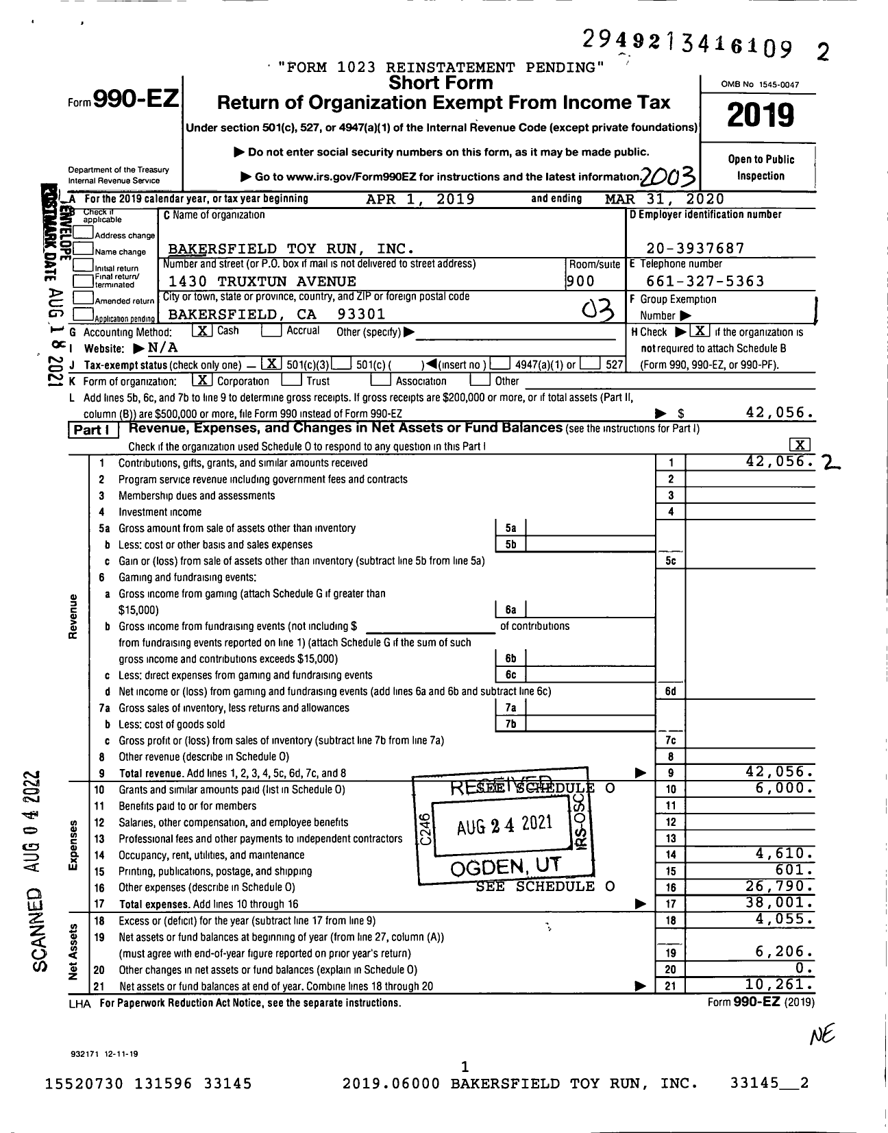 Image of first page of 2019 Form 990EZ for Bakersfield Toy Run