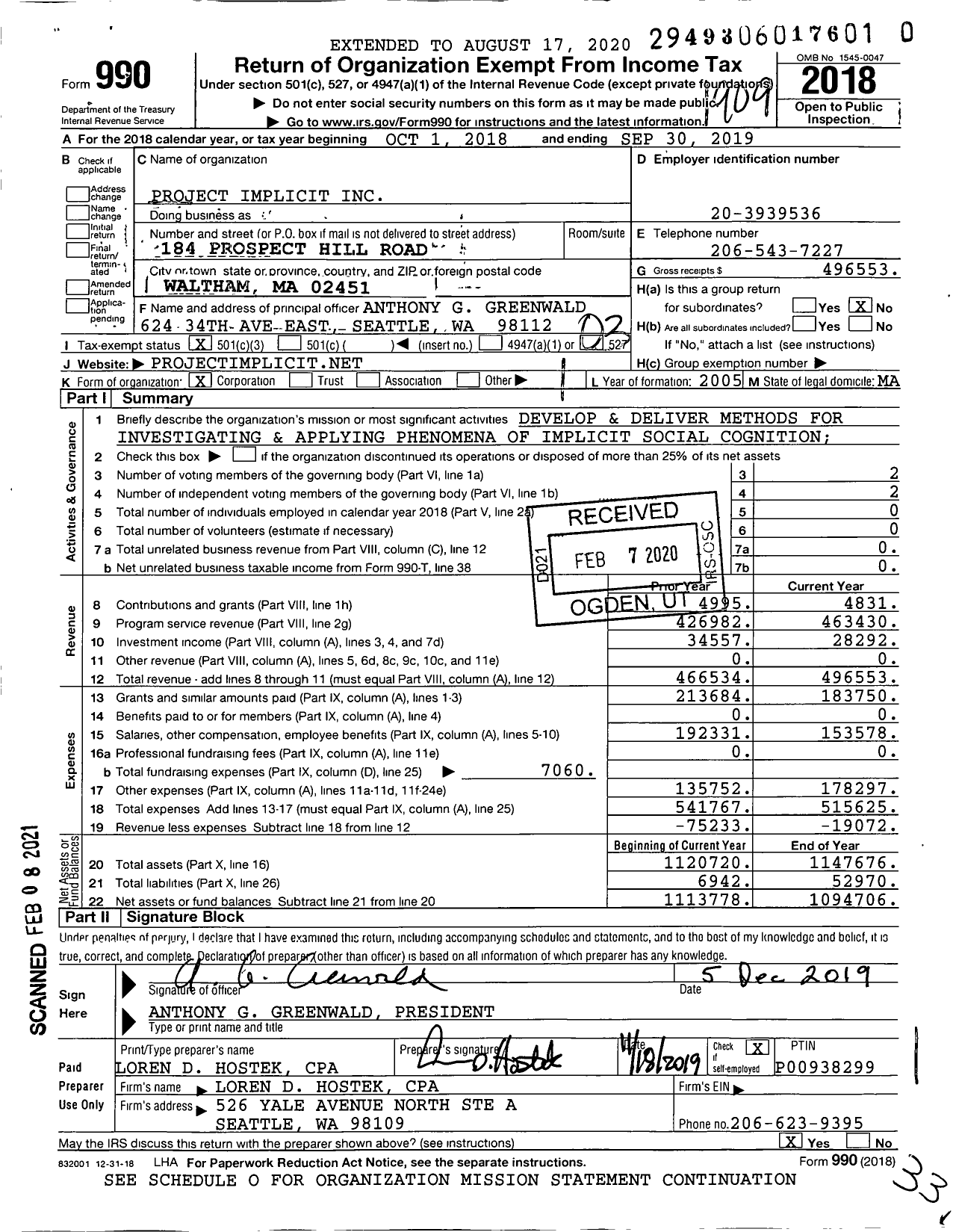 Image of first page of 2018 Form 990 for Project Implicit