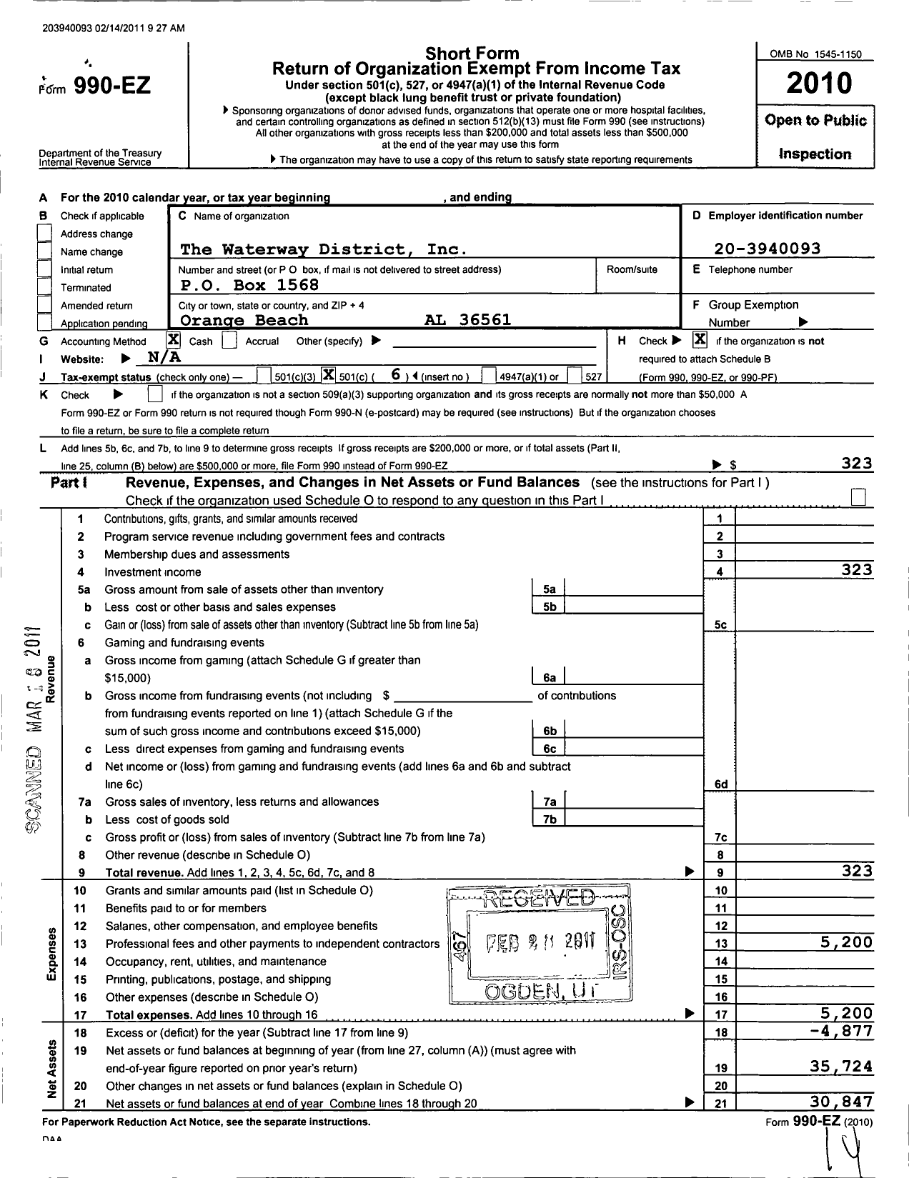 Image of first page of 2010 Form 990EO for The Waterway District Hughes