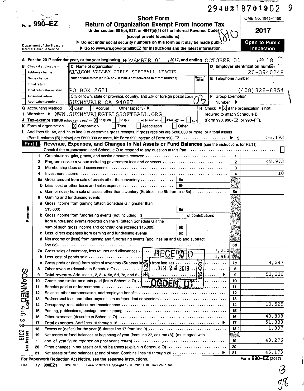 Image of first page of 2017 Form 990EZ for Silicon Valley Girls Softball League (SVGSL)