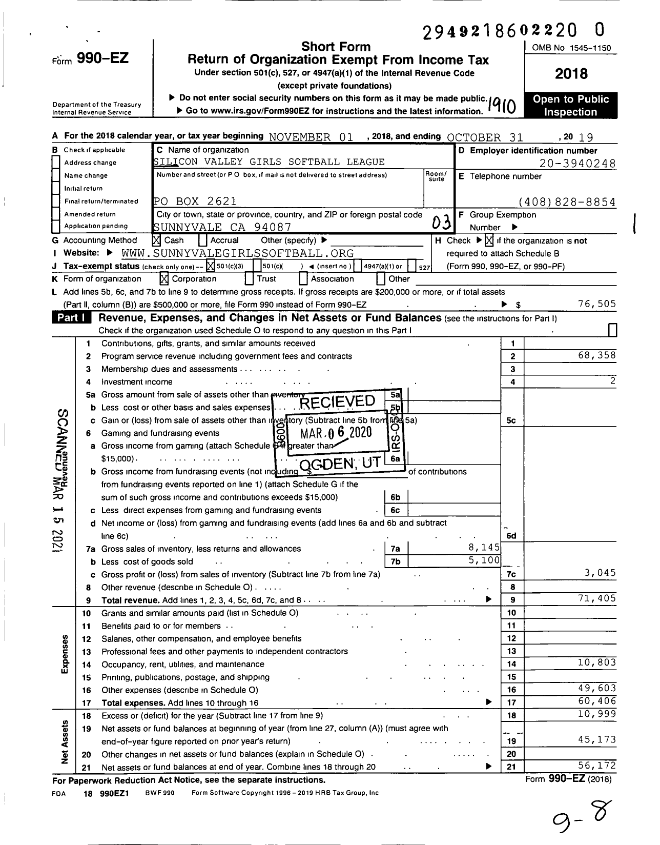 Image of first page of 2018 Form 990EZ for Silicon Valley Girls Softball League (SVGSL)