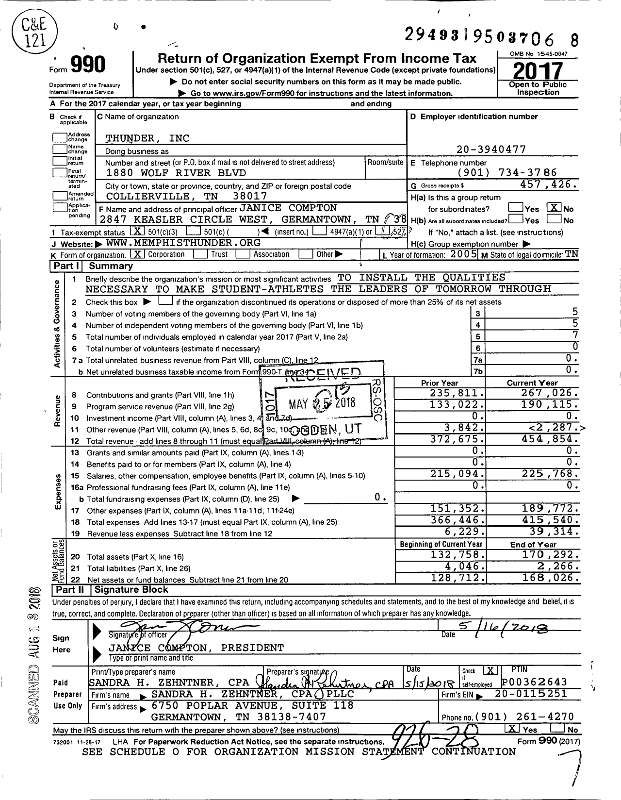 Image of first page of 2017 Form 990 for Thunder