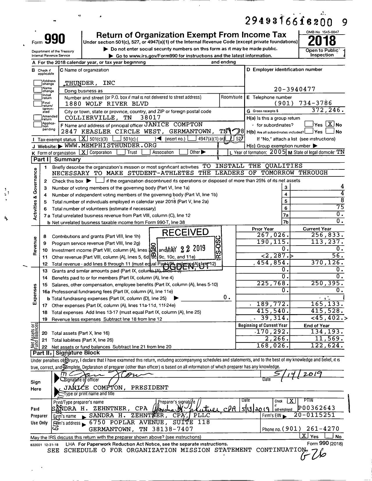 Image of first page of 2018 Form 990 for Thunder