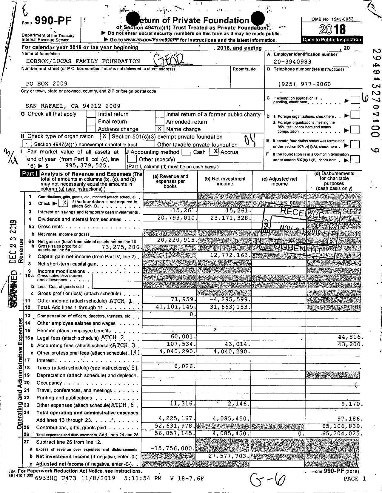 Image of first page of 2018 Form 990PF for George Lucas Family Foundation