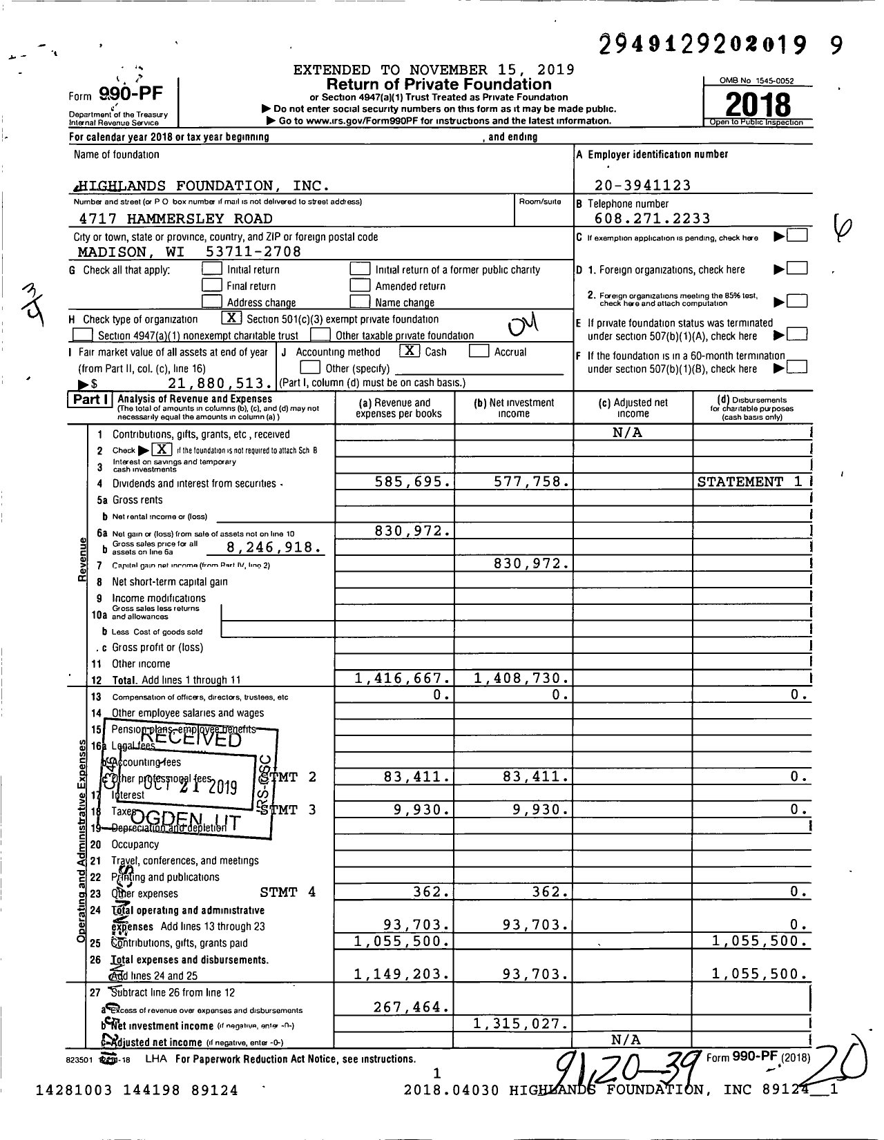 Image of first page of 2018 Form 990PF for Highlands Foundation