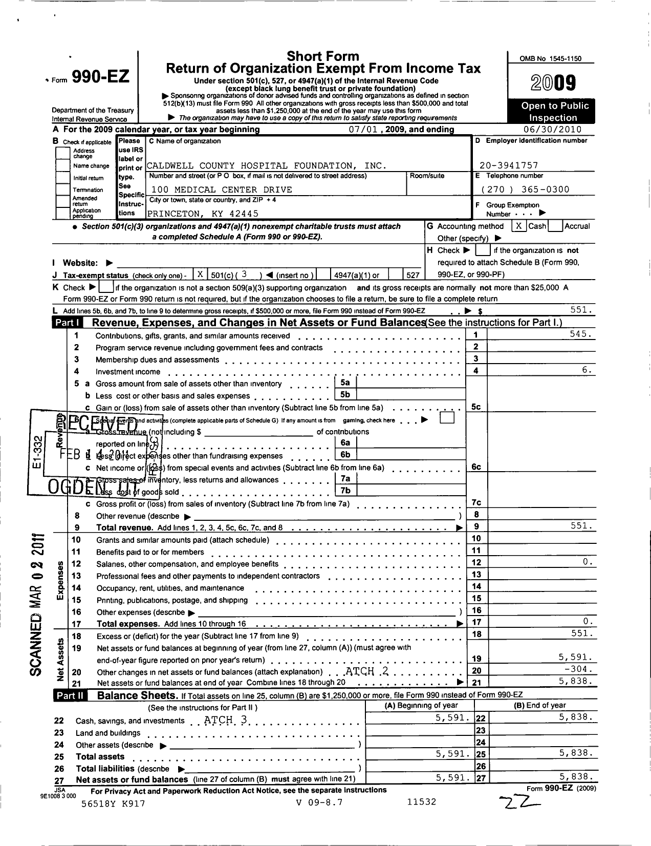 Image of first page of 2009 Form 990EZ for Caldwell County Hospital Foundation